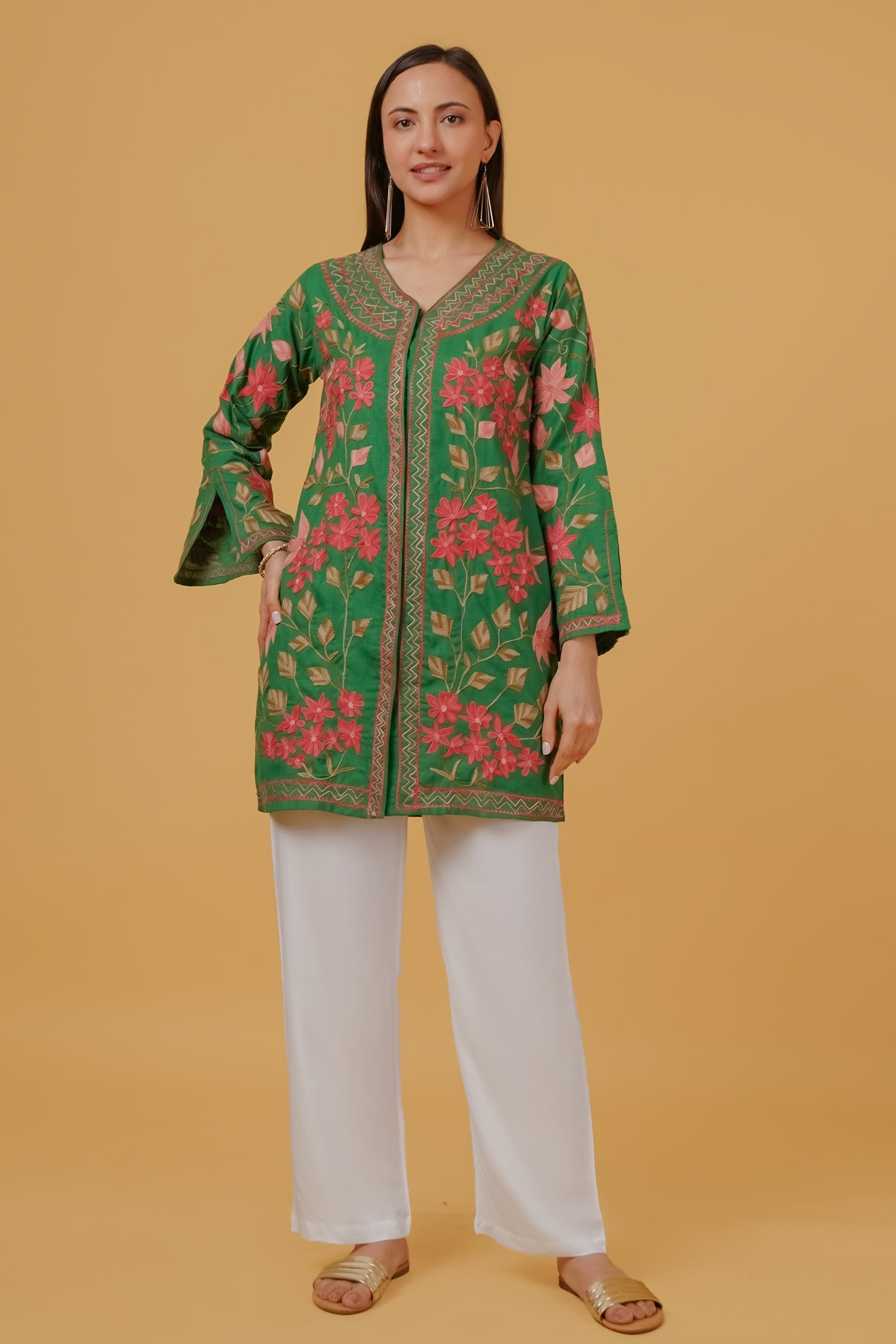 Bhavya jain in Cotton Kashmiri Aari Embroidered Jacket – Green