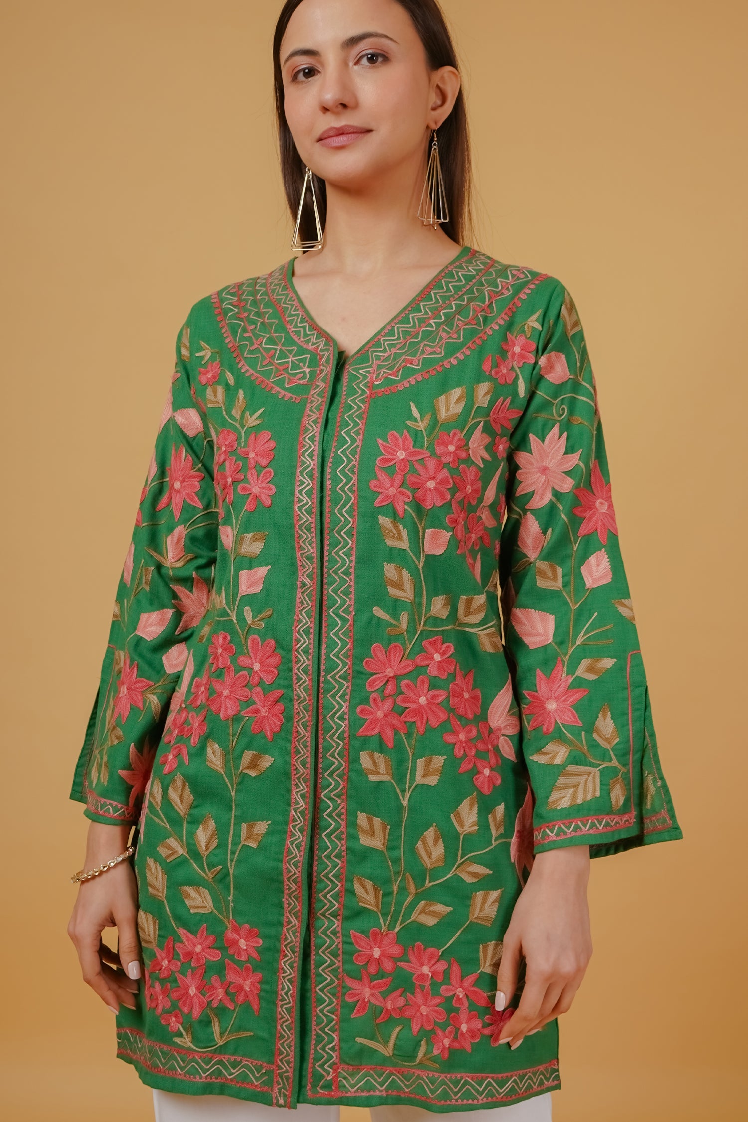 Cotton Kashmiri Aari Embroidered Jacket – Green
