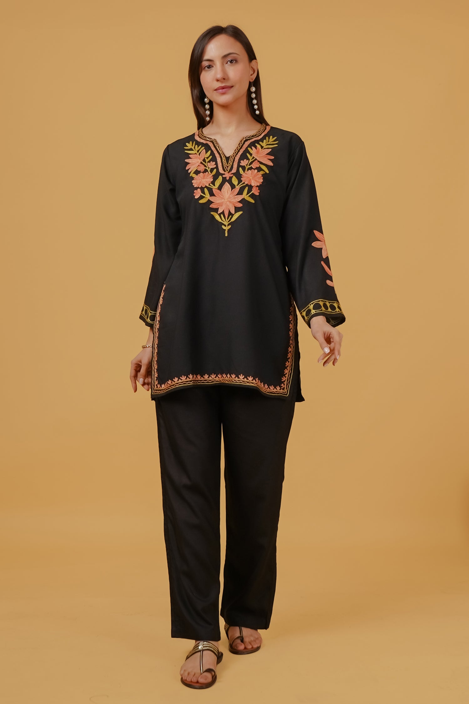 Cotton Kashmiri Aari Embroidered Short Kurta - Black