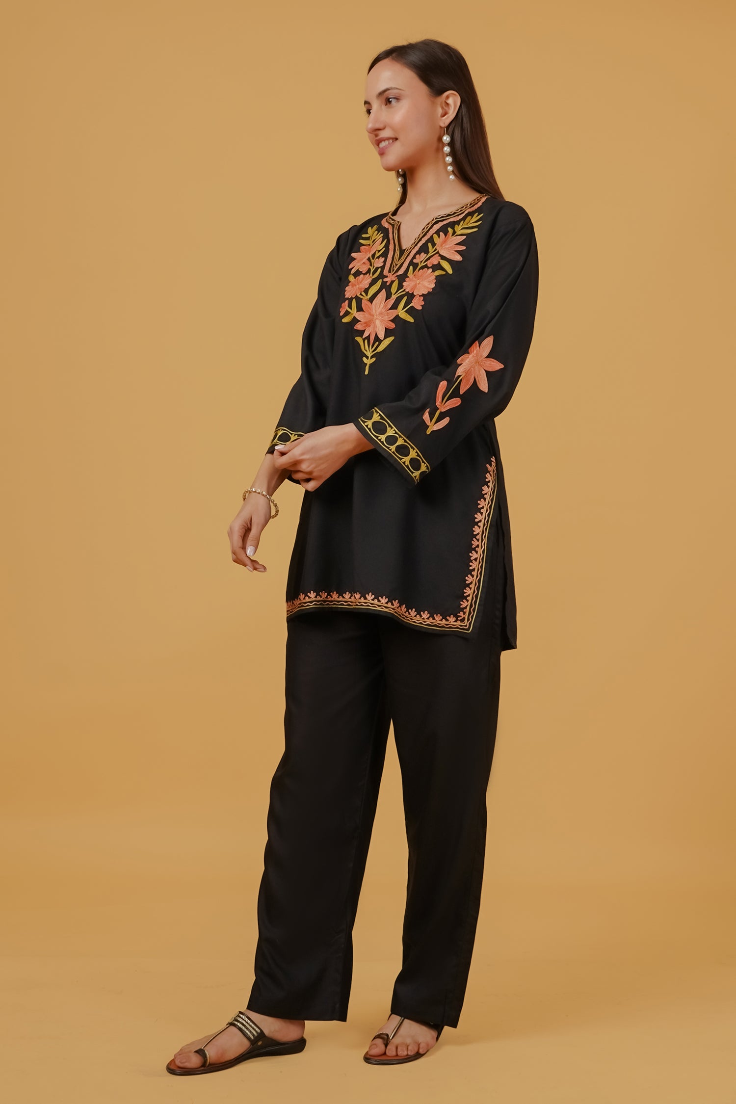 Cotton Kashmiri Aari Embroidered Short Kurta - Black