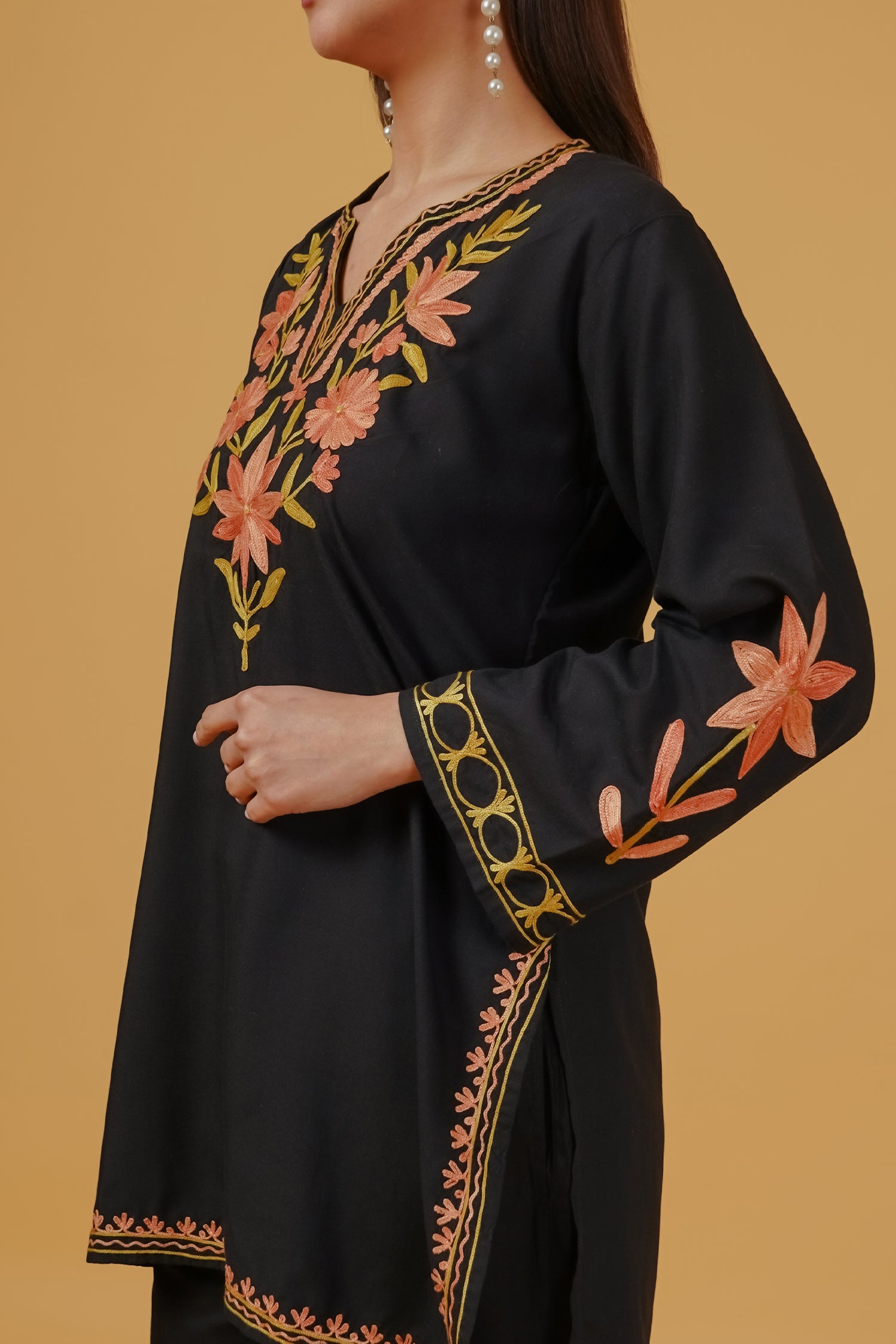 Cotton Kashmiri Aari Embroidered Short Kurta - Black