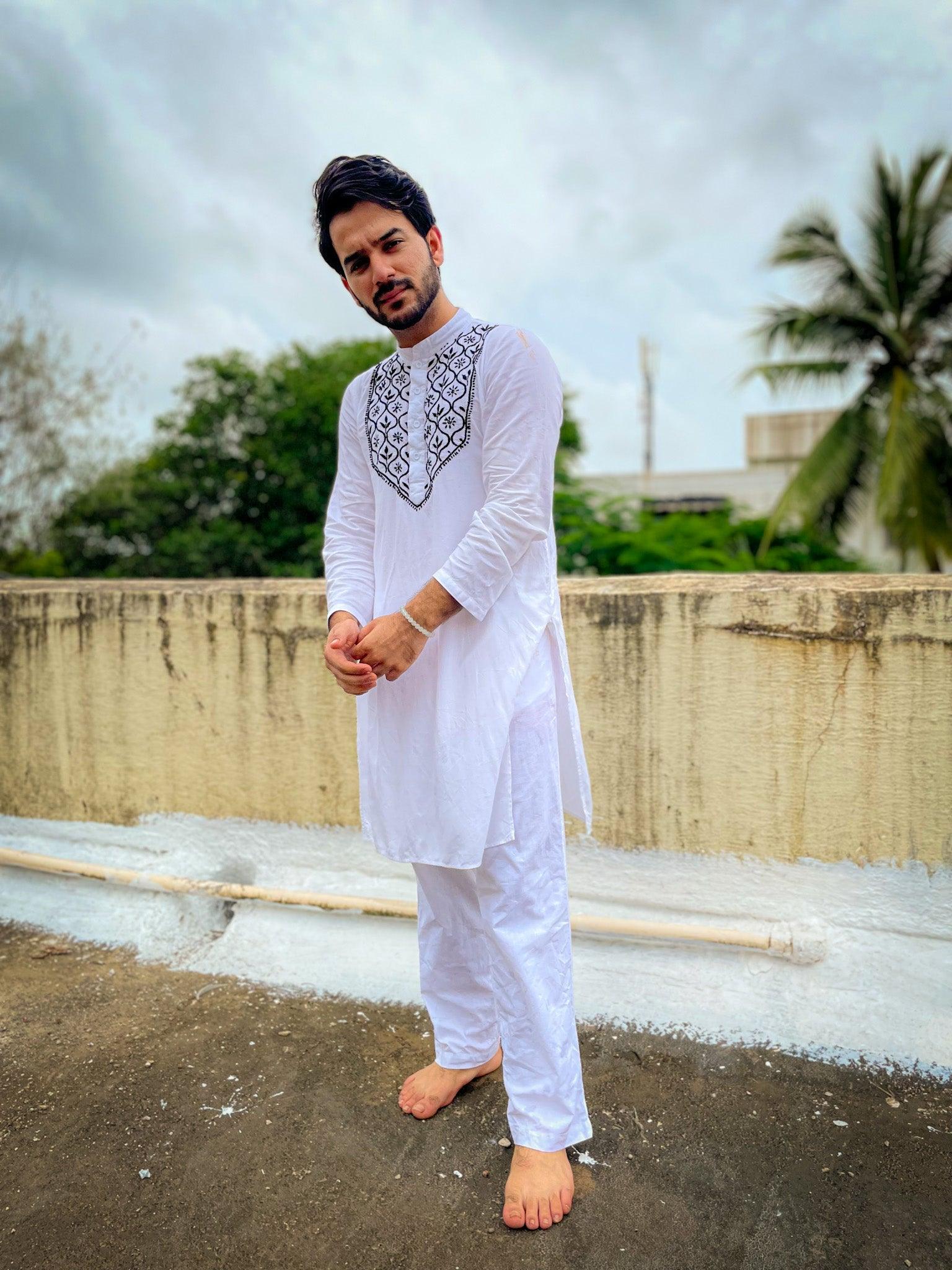 Arun in HOK Men's Chikankari Kurta in Rayon Cotton - White - House Of Kari (Chikankari Clothing)