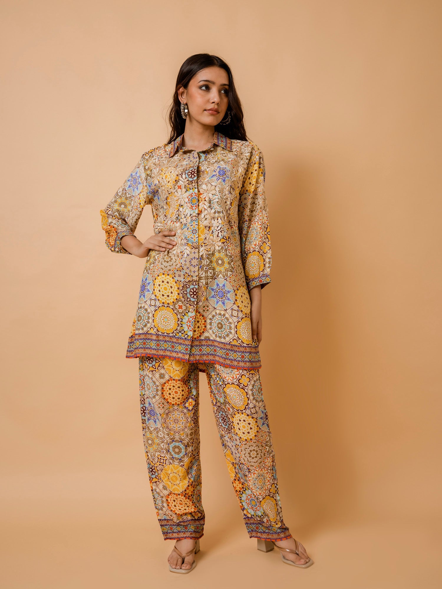 Fizaa Light Orange Silk Print Set with Beige Hand Embroidery