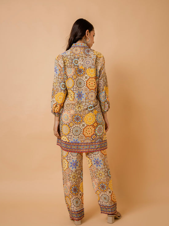 Fizaa Light Orange Silk Print Set with Beige Hand Embroidery