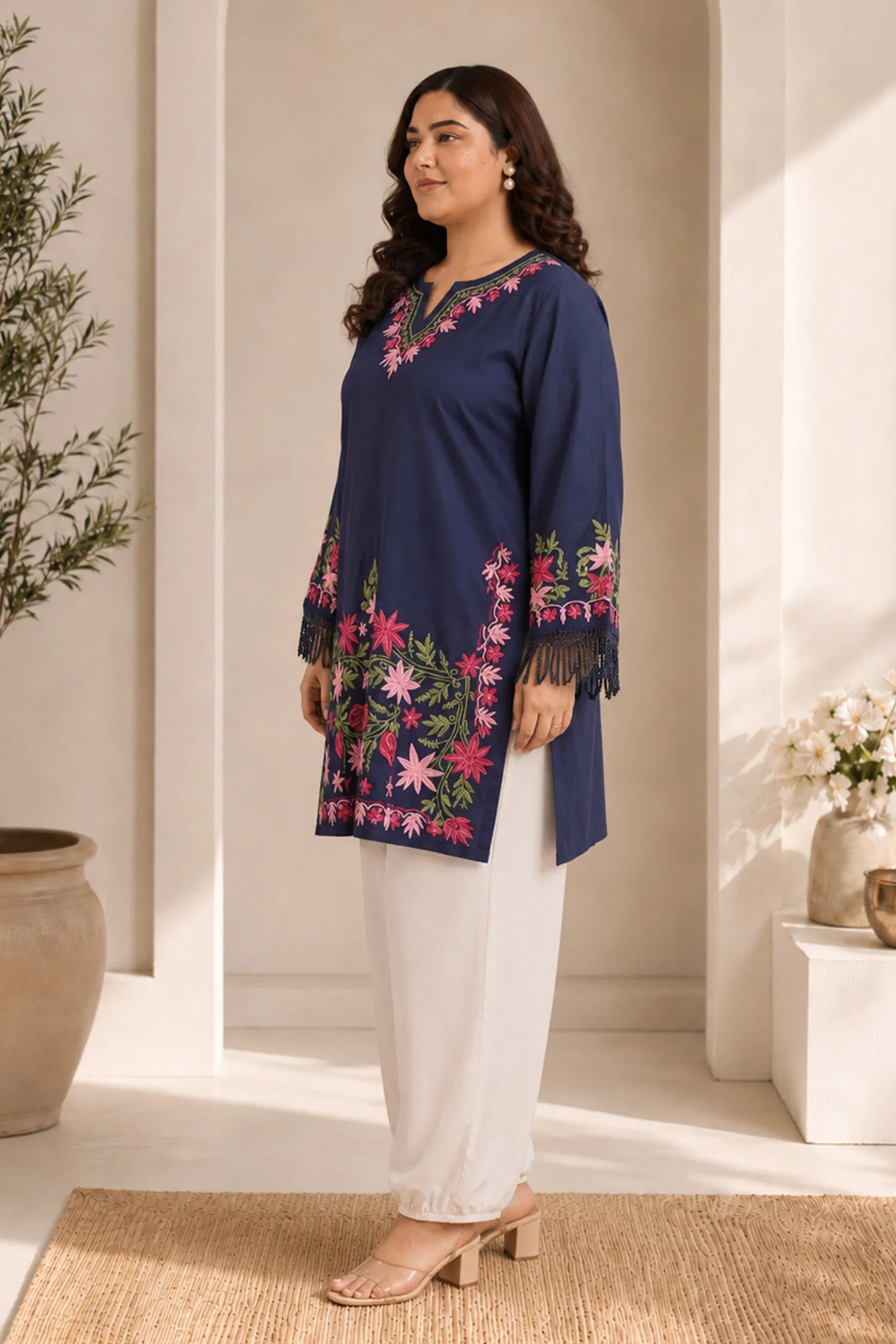 Plus Size - Falak Kashmiri Long Kurta - Blue