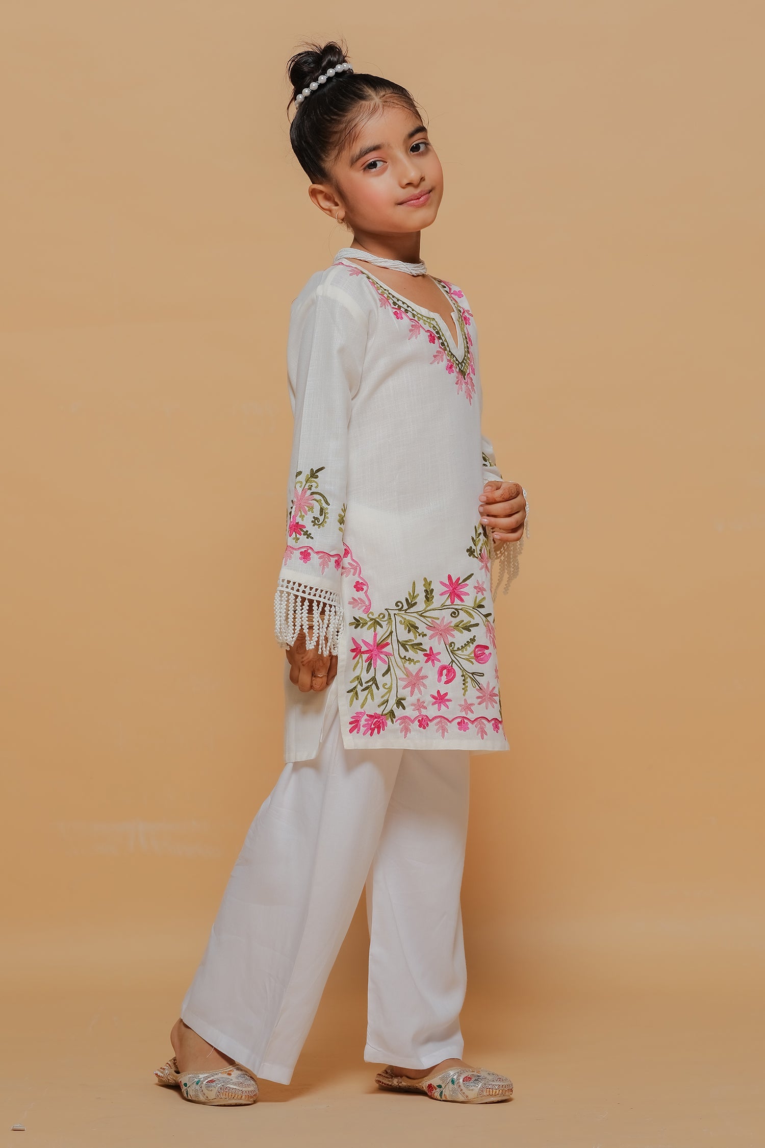 Kids White Cotton Kurta with Kashmiri Aari Work & Lace