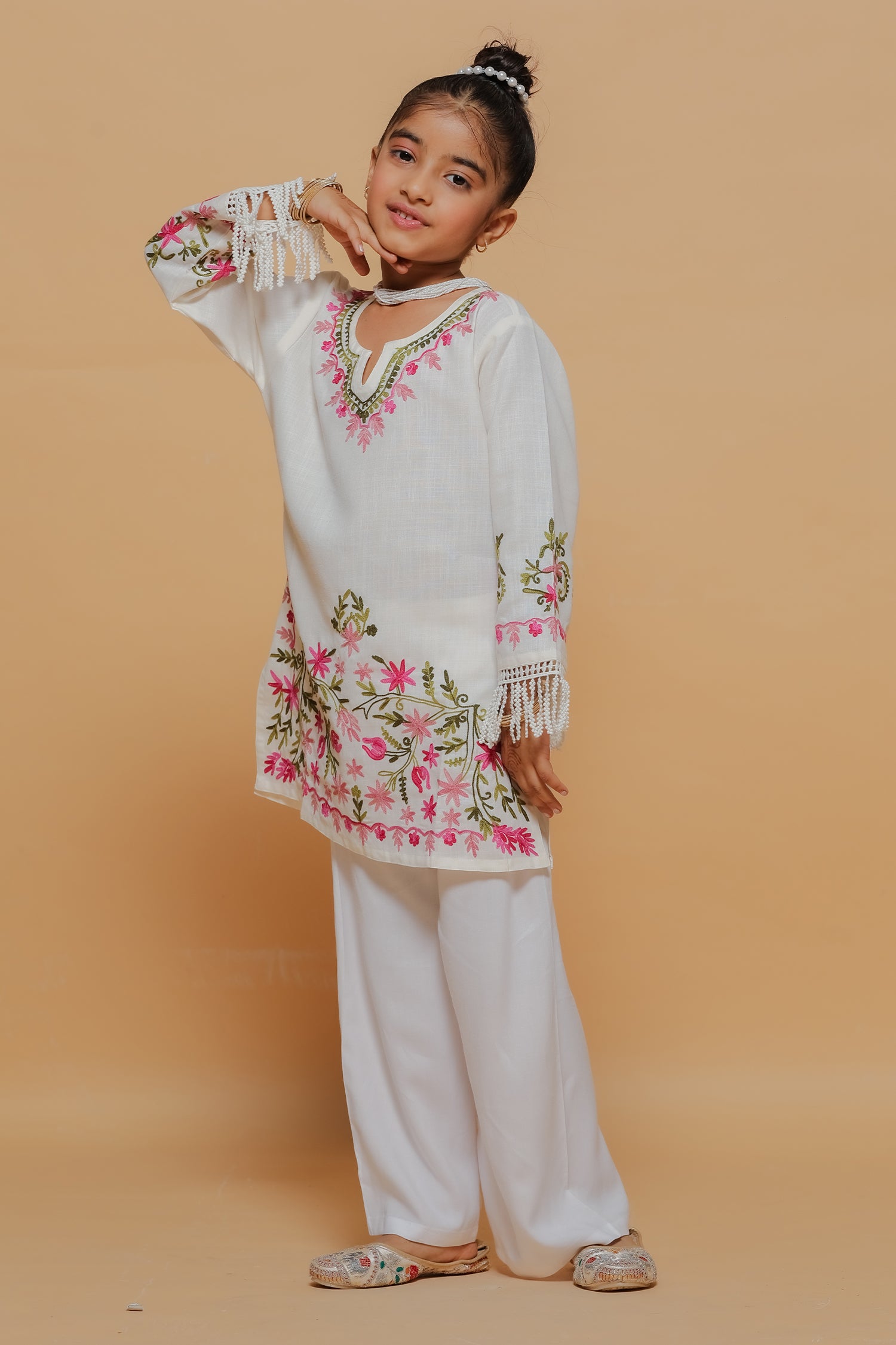 Kids White Cotton Kurta with Kashmiri Aari Work & Lace