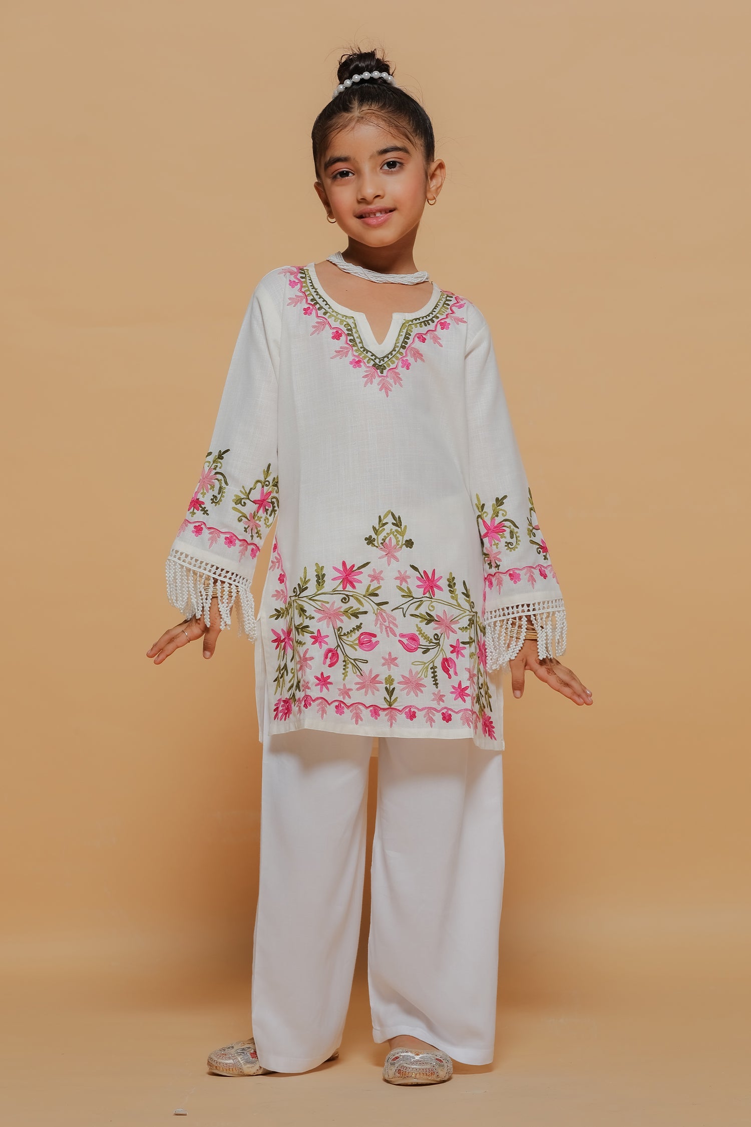 Kids White Cotton Kurta with Kashmiri Aari Work & Lace