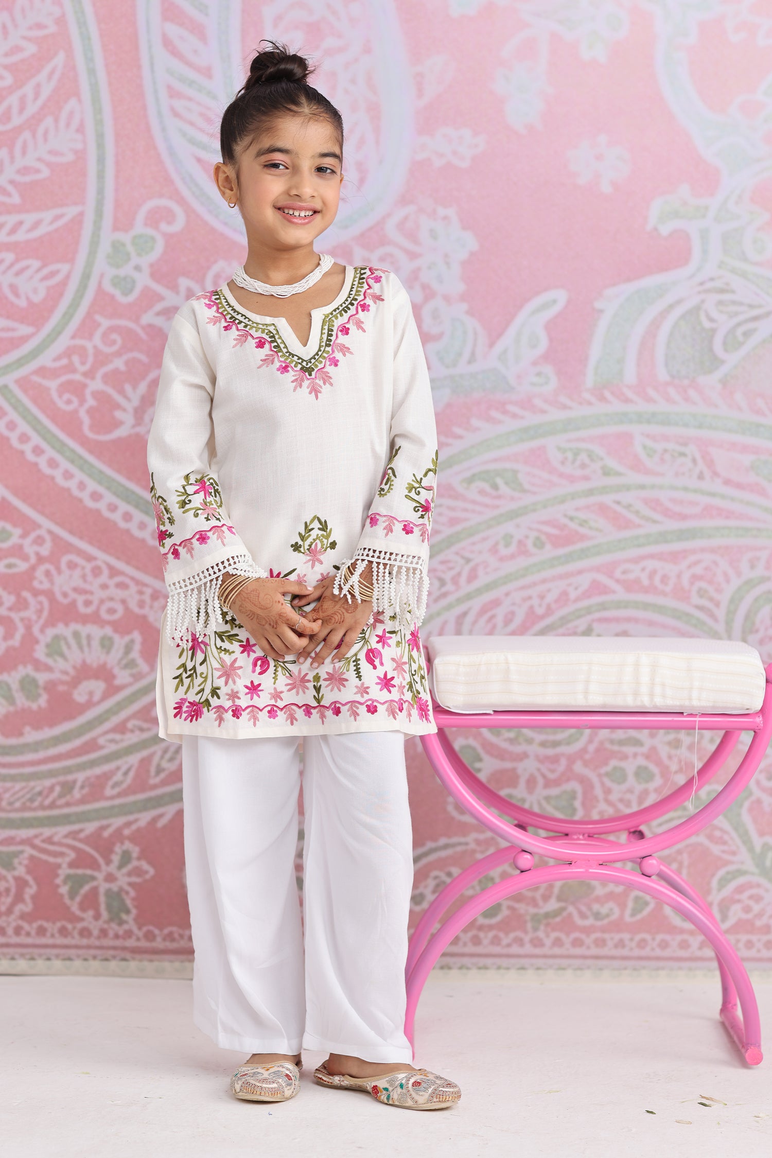 Kids White Cotton Kurta with Kashmiri Aari Work & Lace