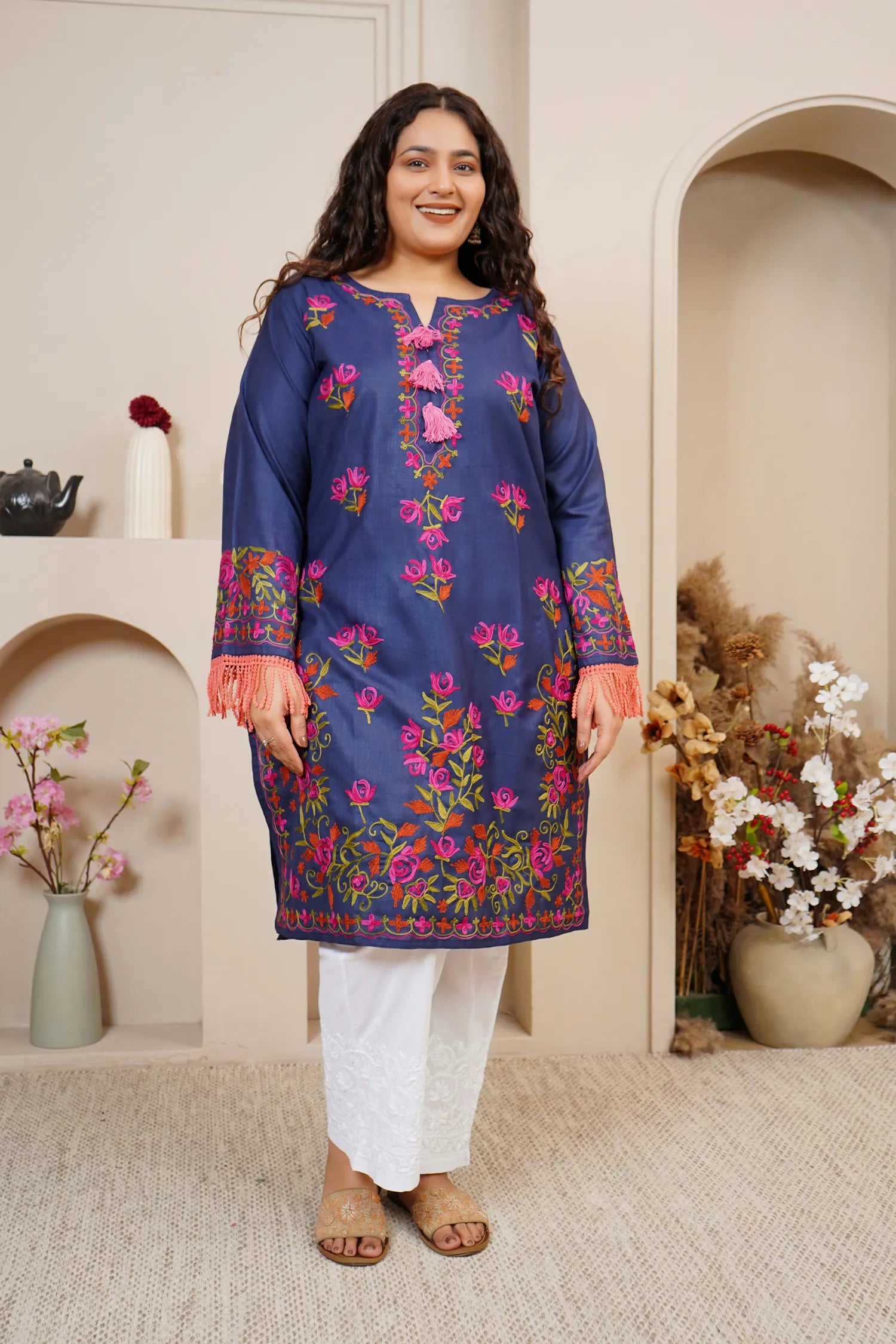 Plus Size - Falak Kashmiri Long Kurta- Navy Blue