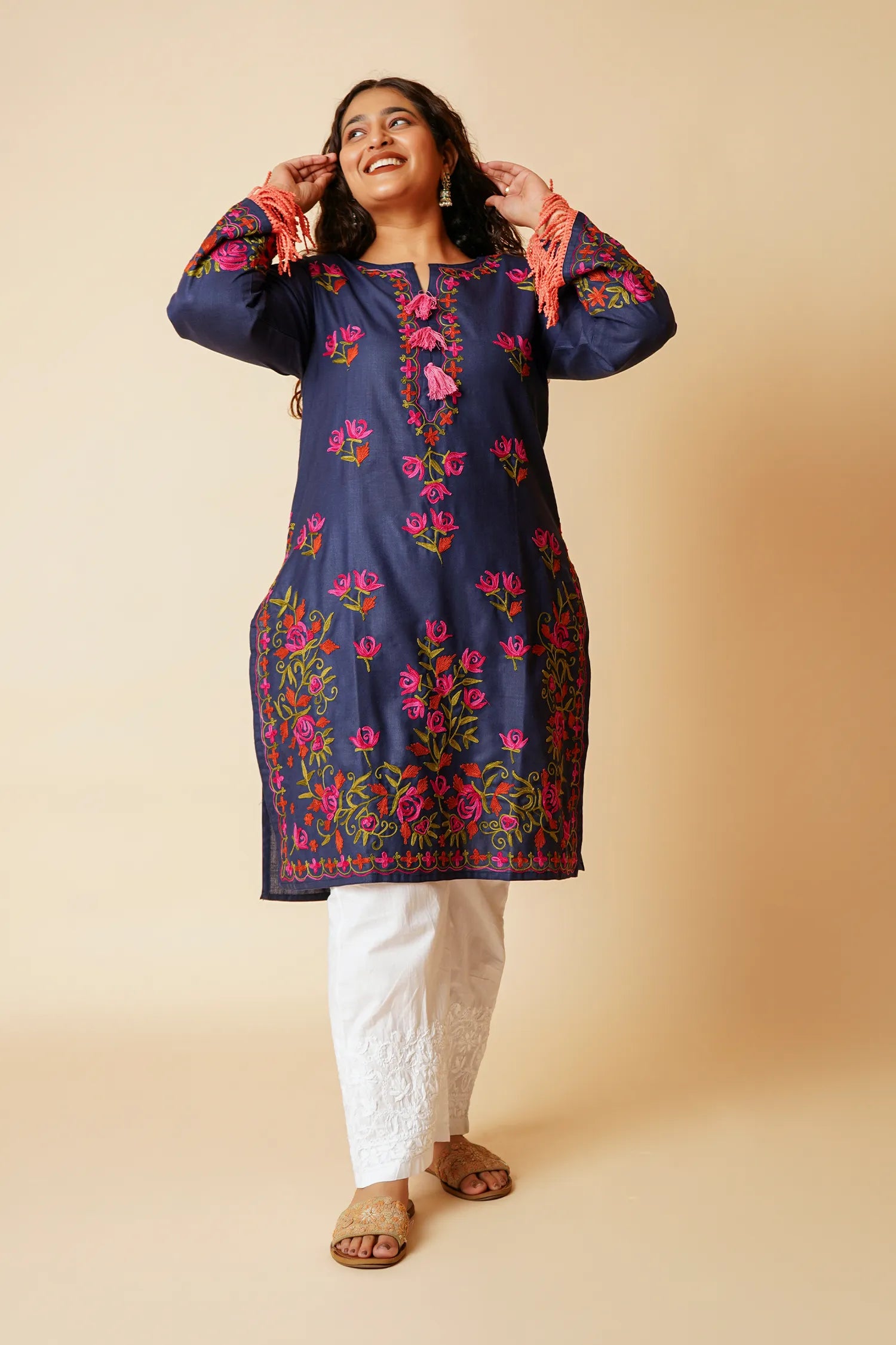Plus Size - Falak Kashmiri Long Kurta- Navy Blue