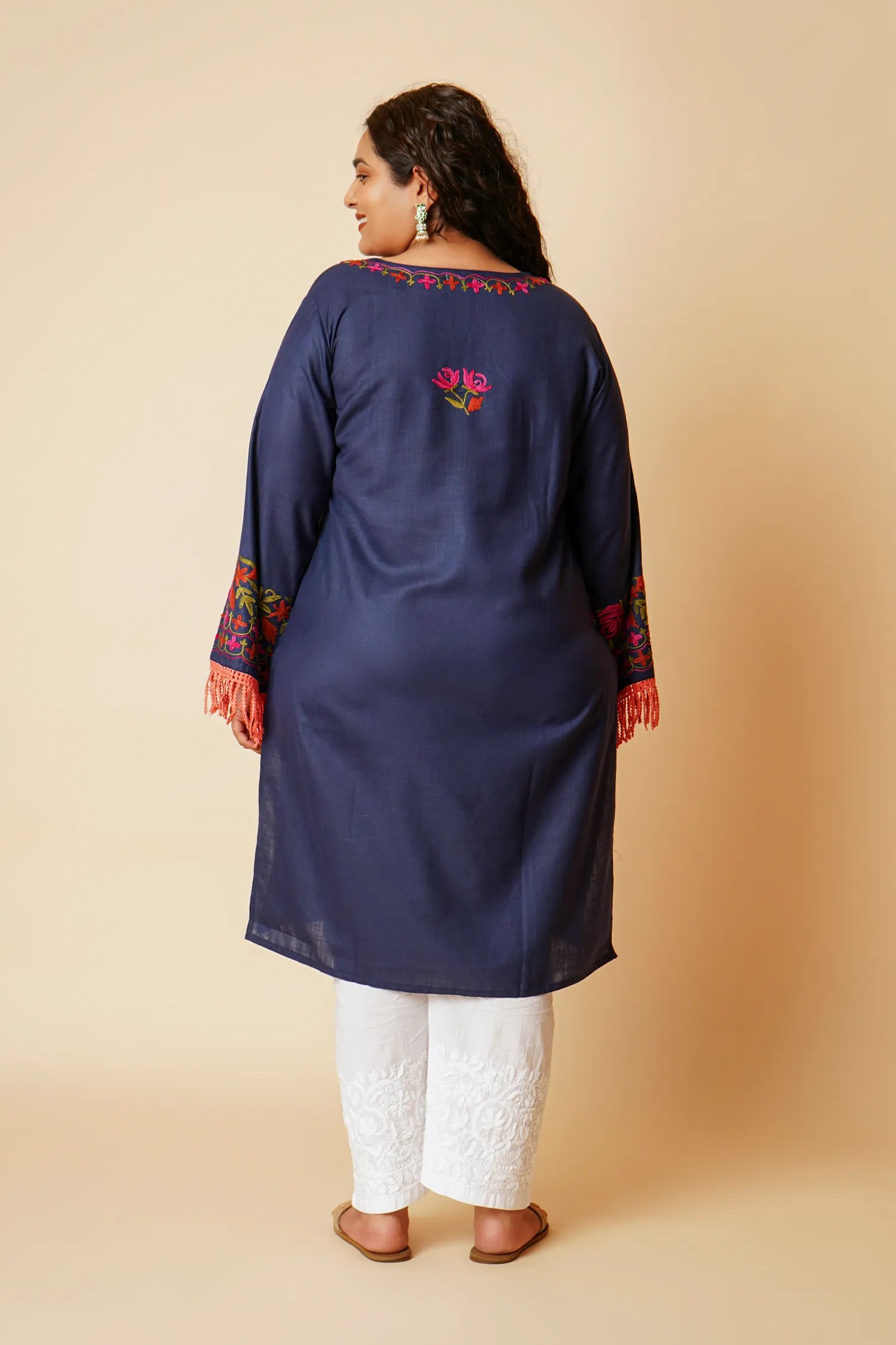 Plus Size - Falak Kashmiri Long Kurta- Navy Blue