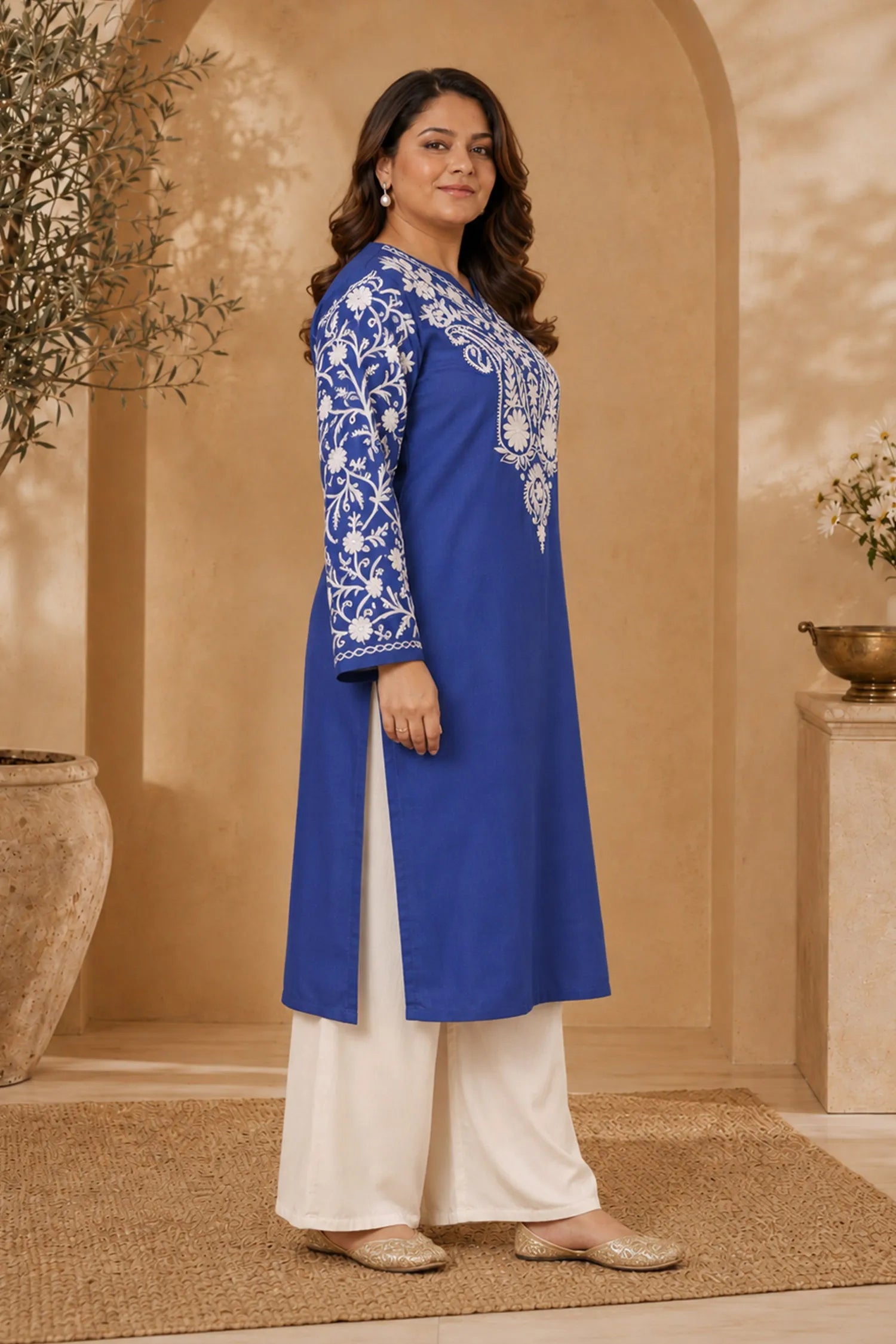Plus Size - Falak Kashmiri Long Kurta - Blue