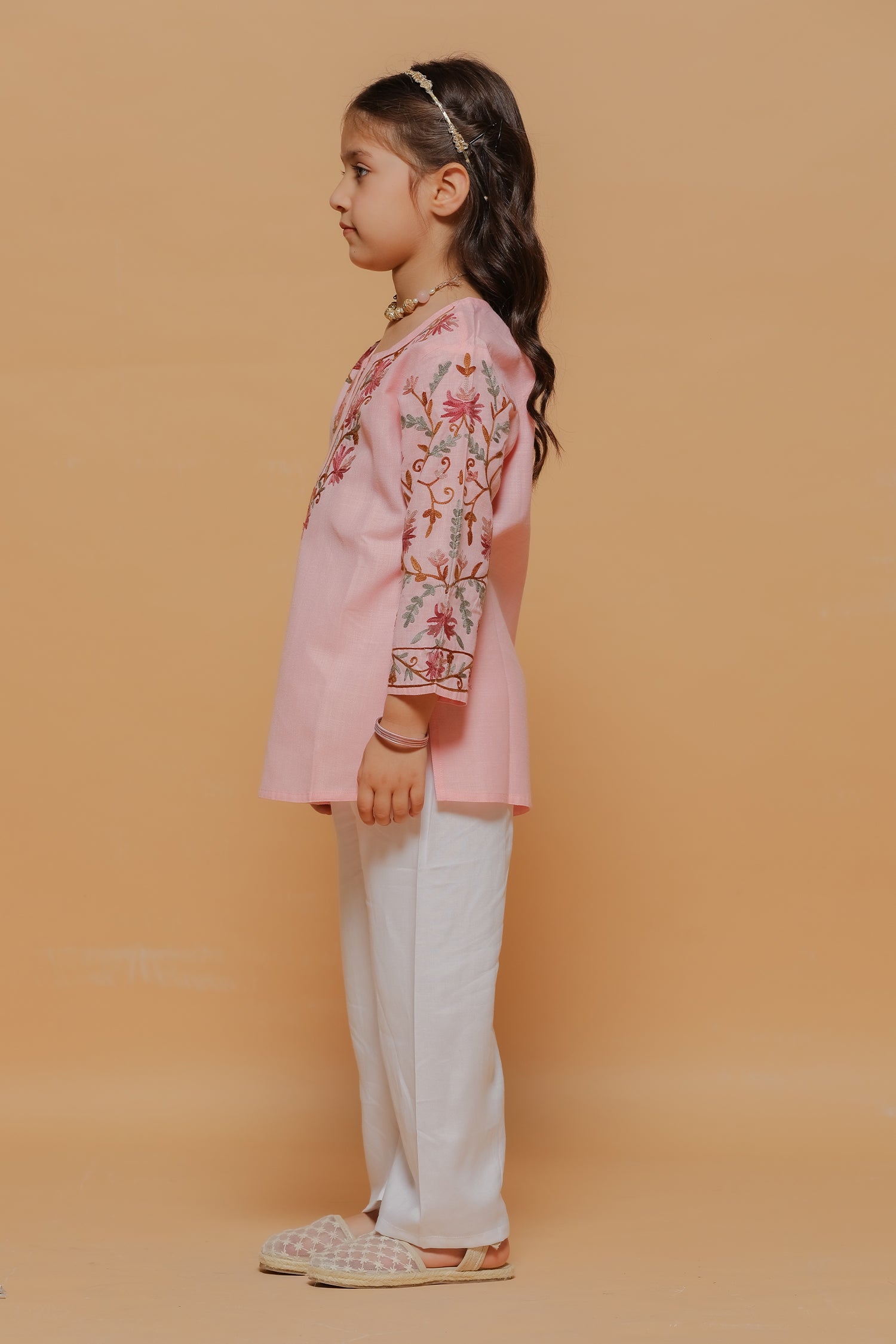 Kids Soft Pink Cotton Short Kurta with Kashmiri Aari Work