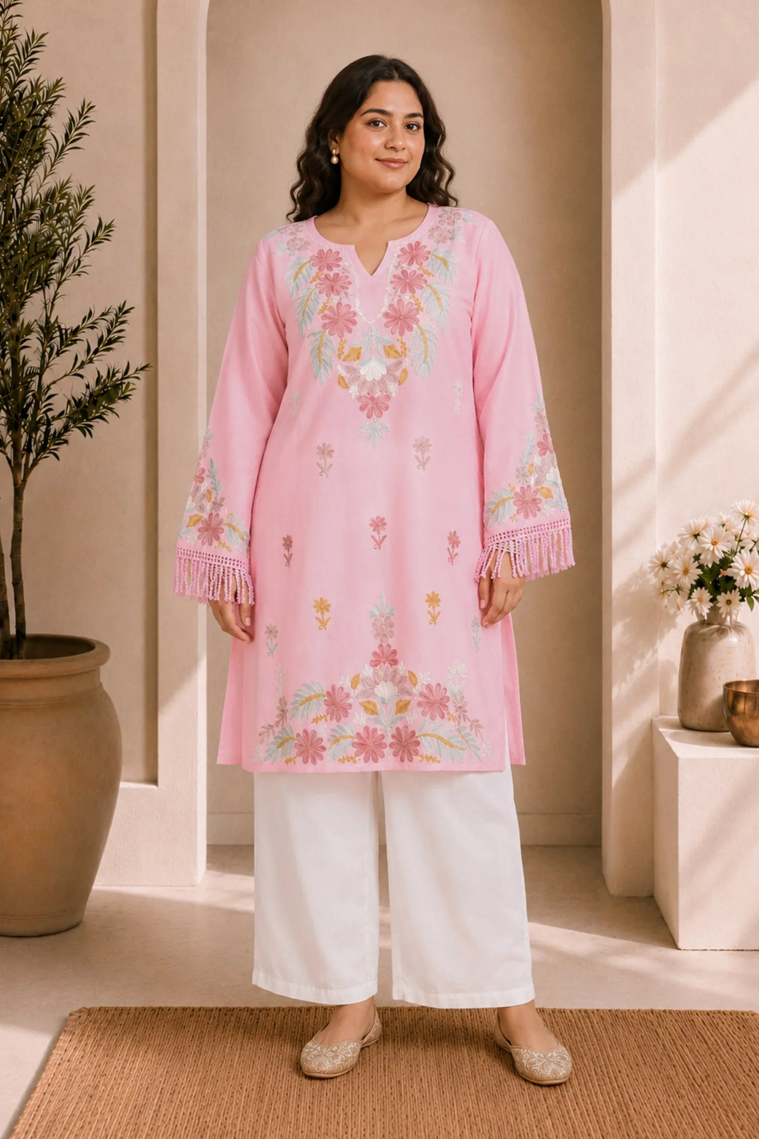 Plus Size - HOK Falak Kashmiri Long Kurta - Pink