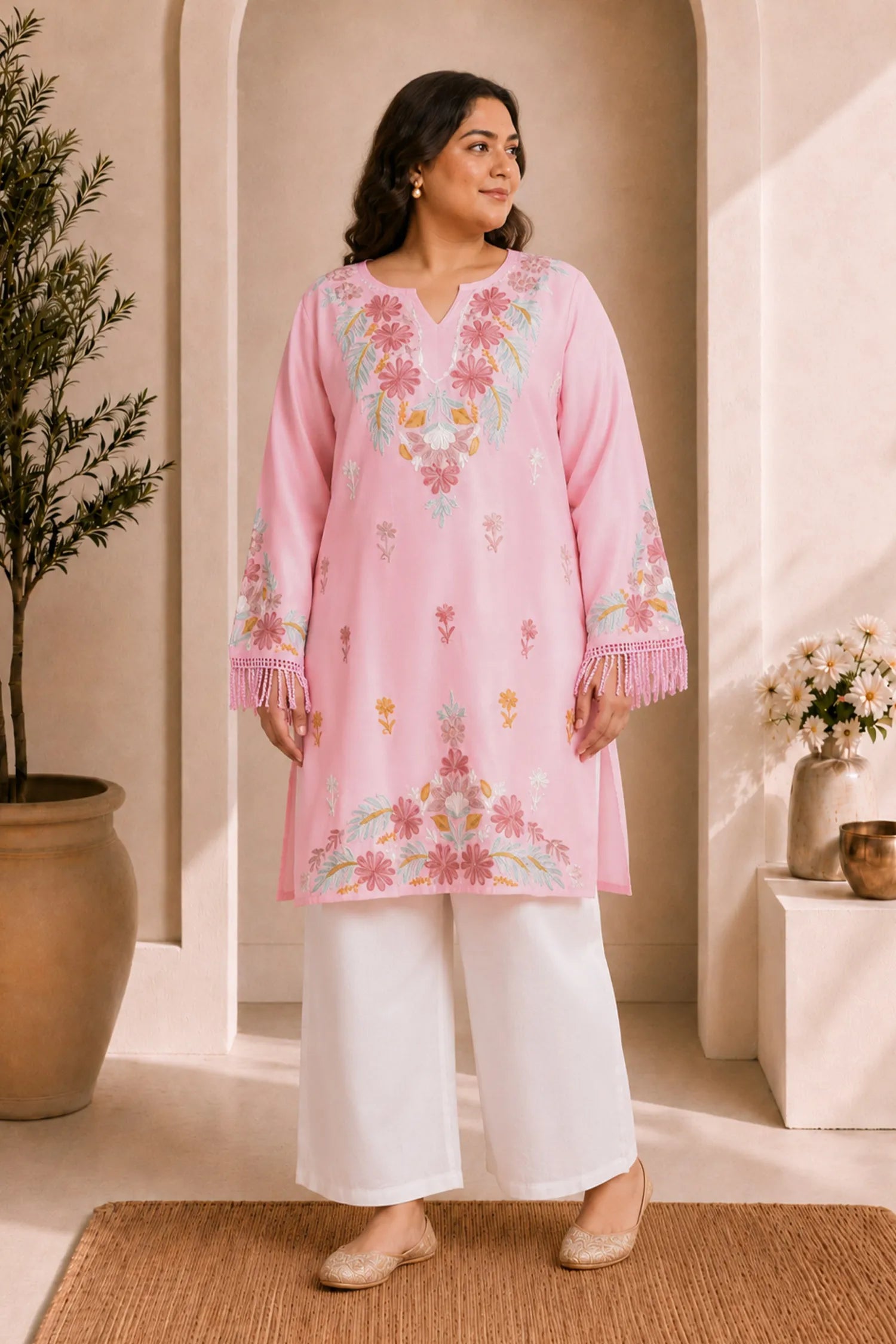 Plus Size - HOK Falak Kashmiri Long Kurta - Pink