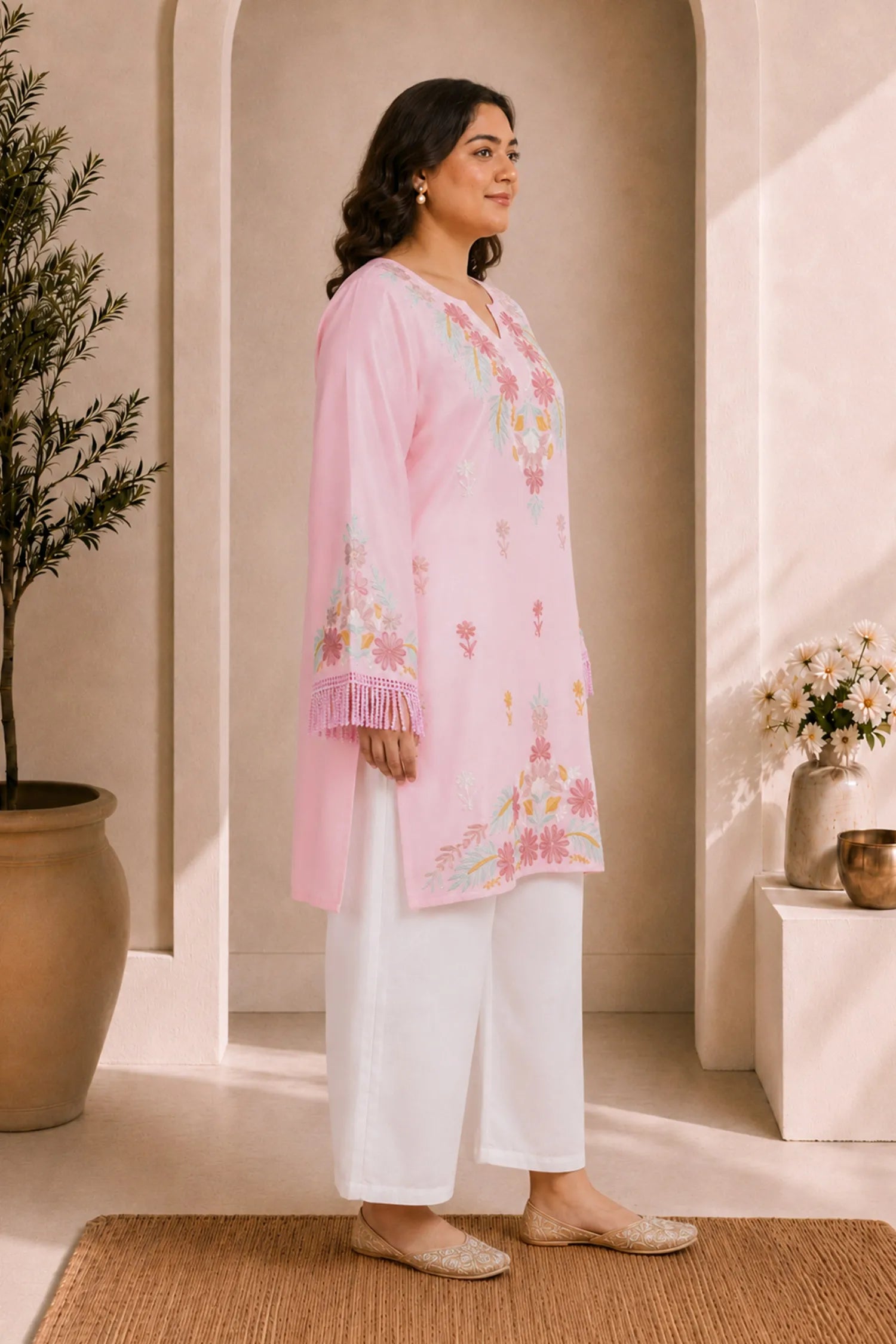 Plus Size - HOK Falak Kashmiri Long Kurta - Pink