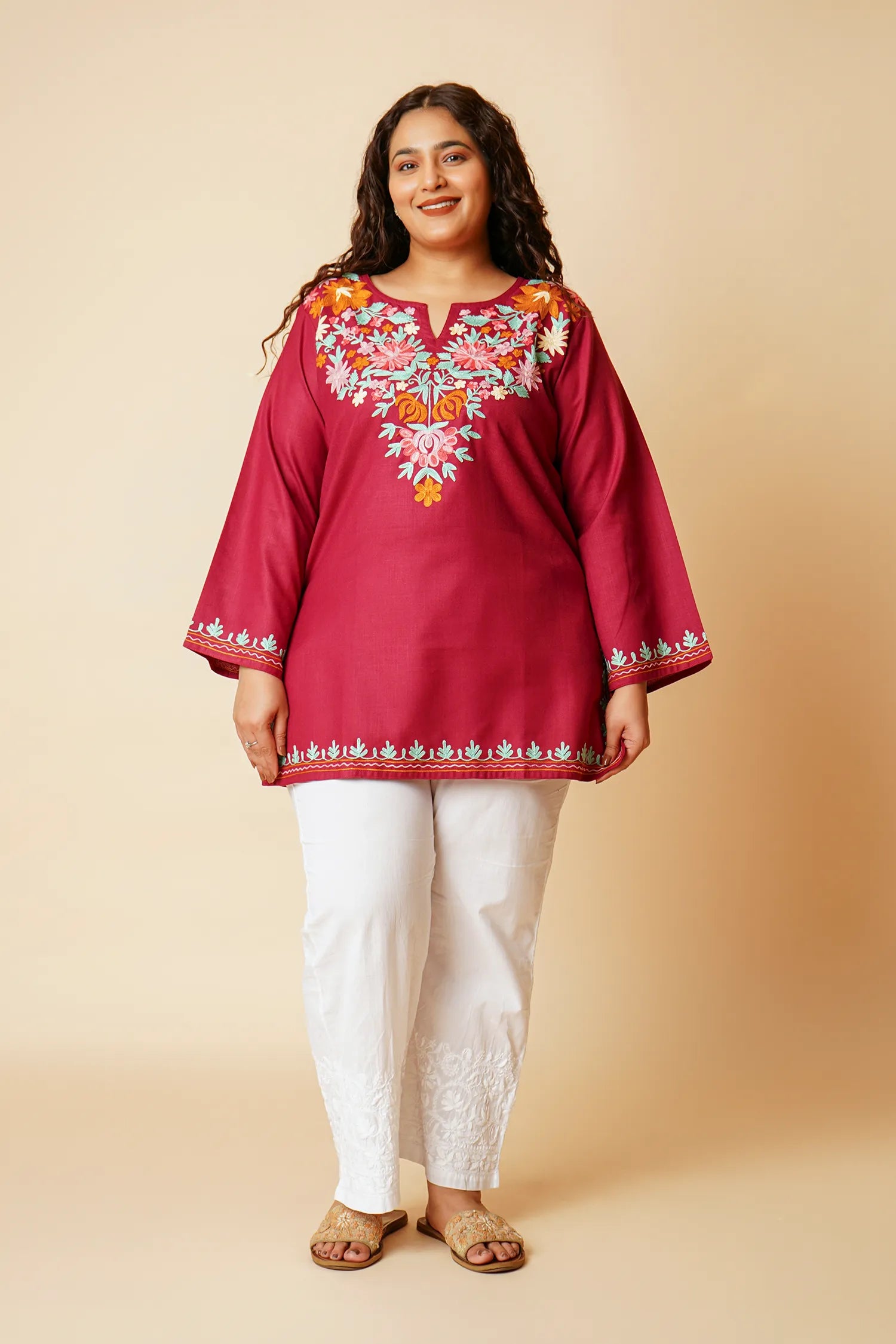 Plus Size - Kashmiri Aari Work Cotton Short Kurta – Maroon