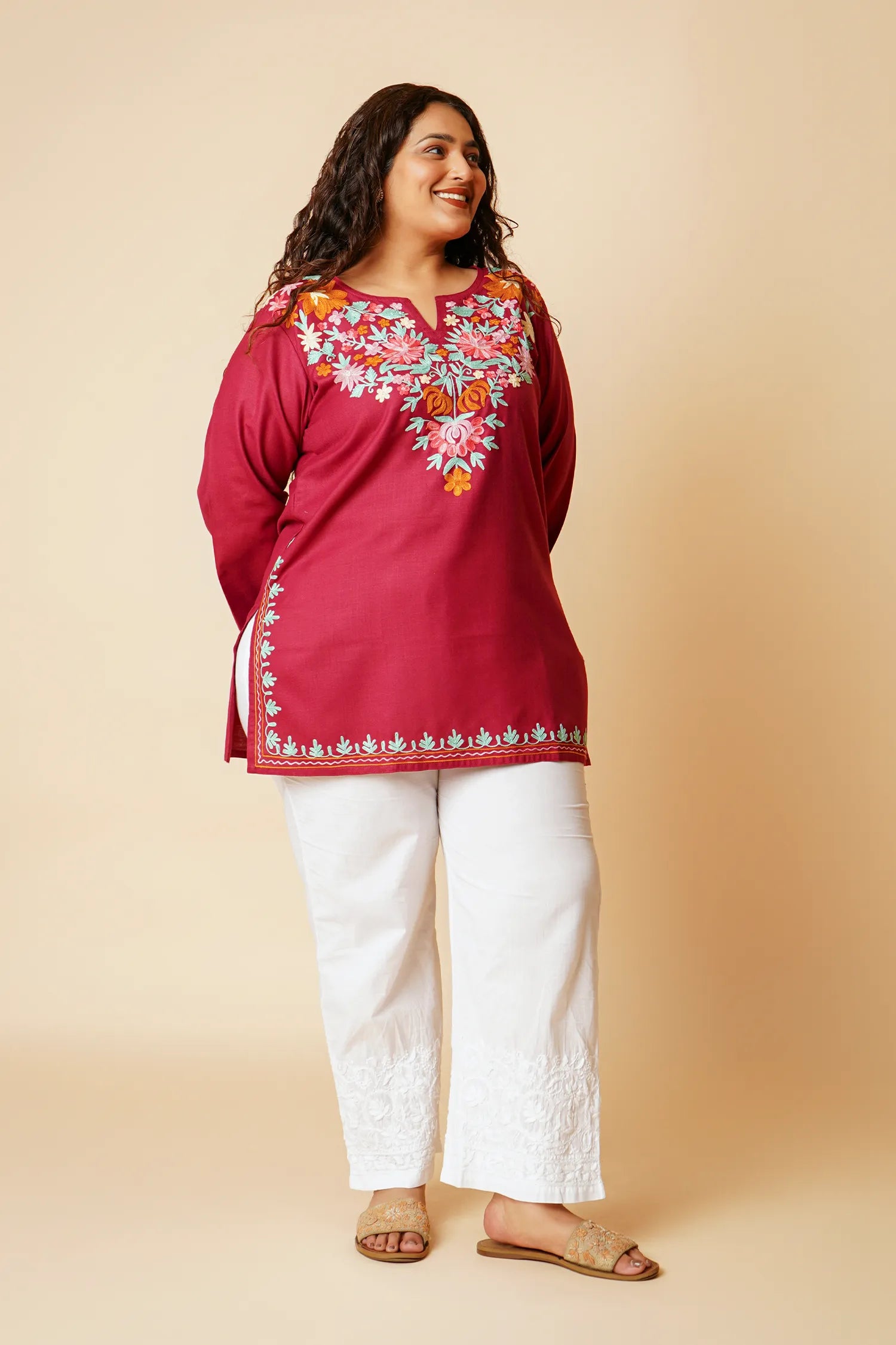 Plus Size - Kashmiri Aari Work Cotton Short Kurta – Maroon