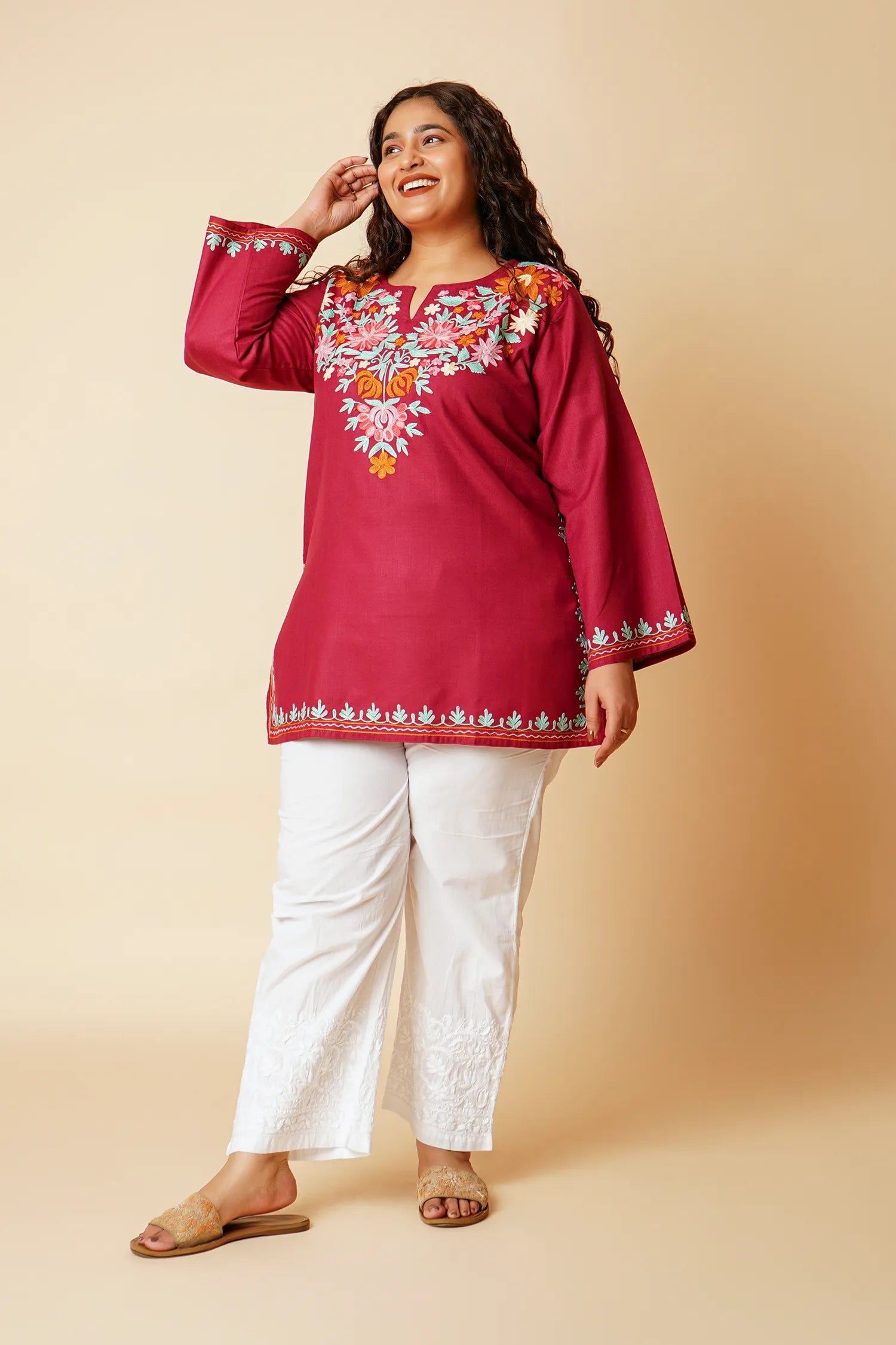 Plus Size - Kashmiri Aari Work Cotton Short Kurta – Maroon