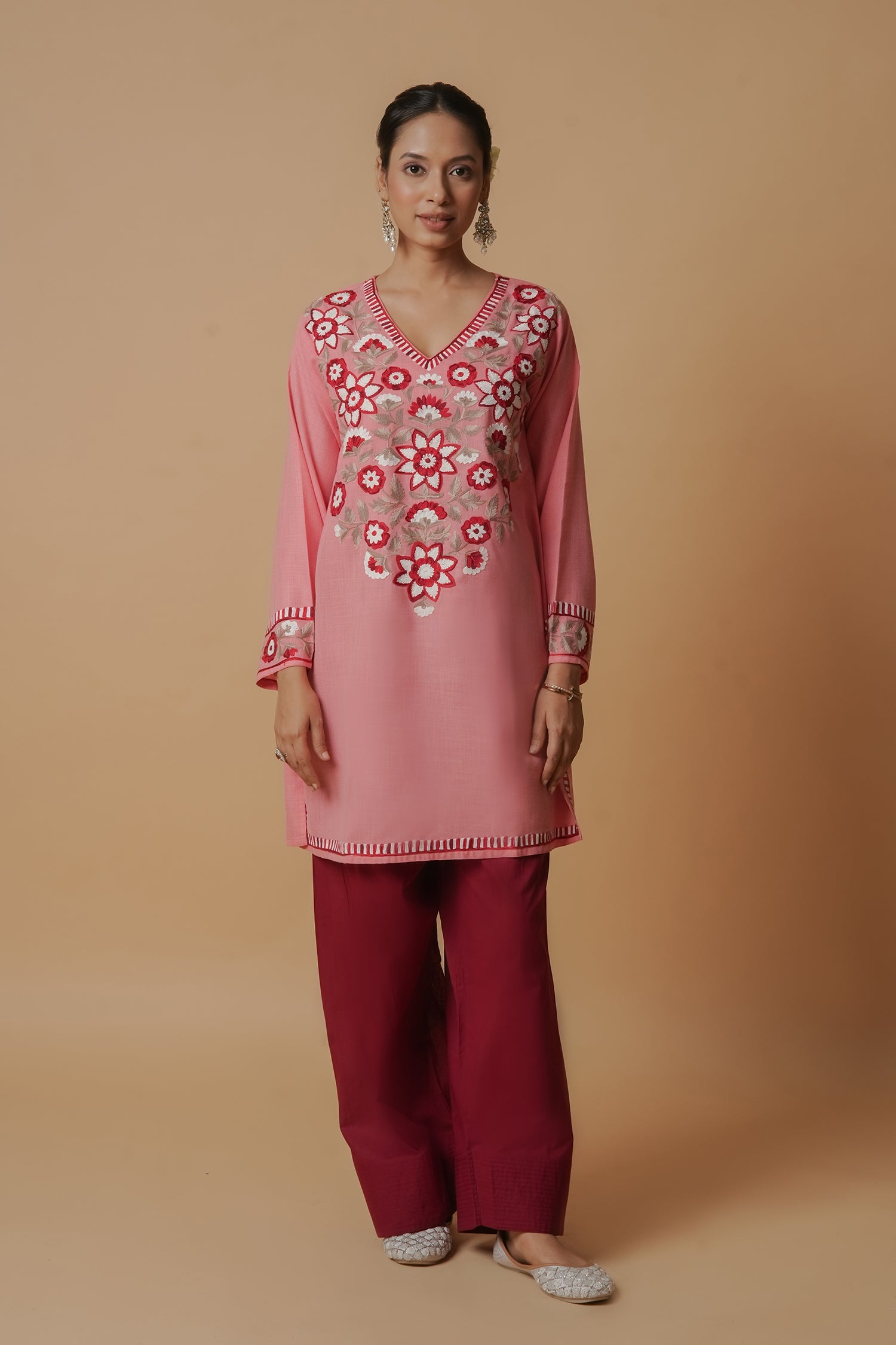 Kashmiri Aari Work Short Kurta - Pink