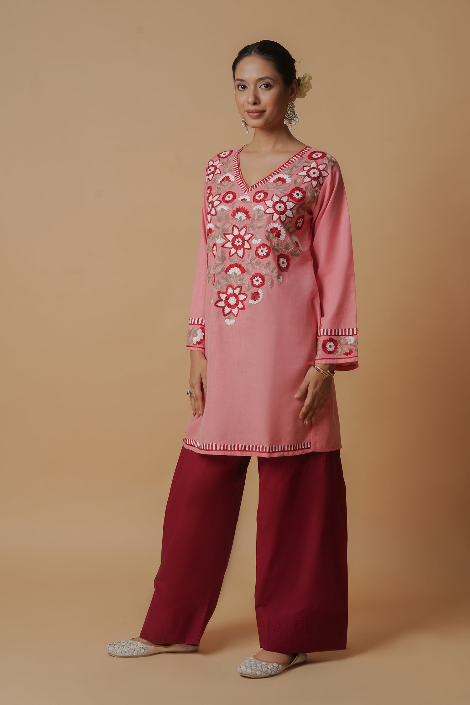 Kashmiri Aari Work Short Kurta - Pink