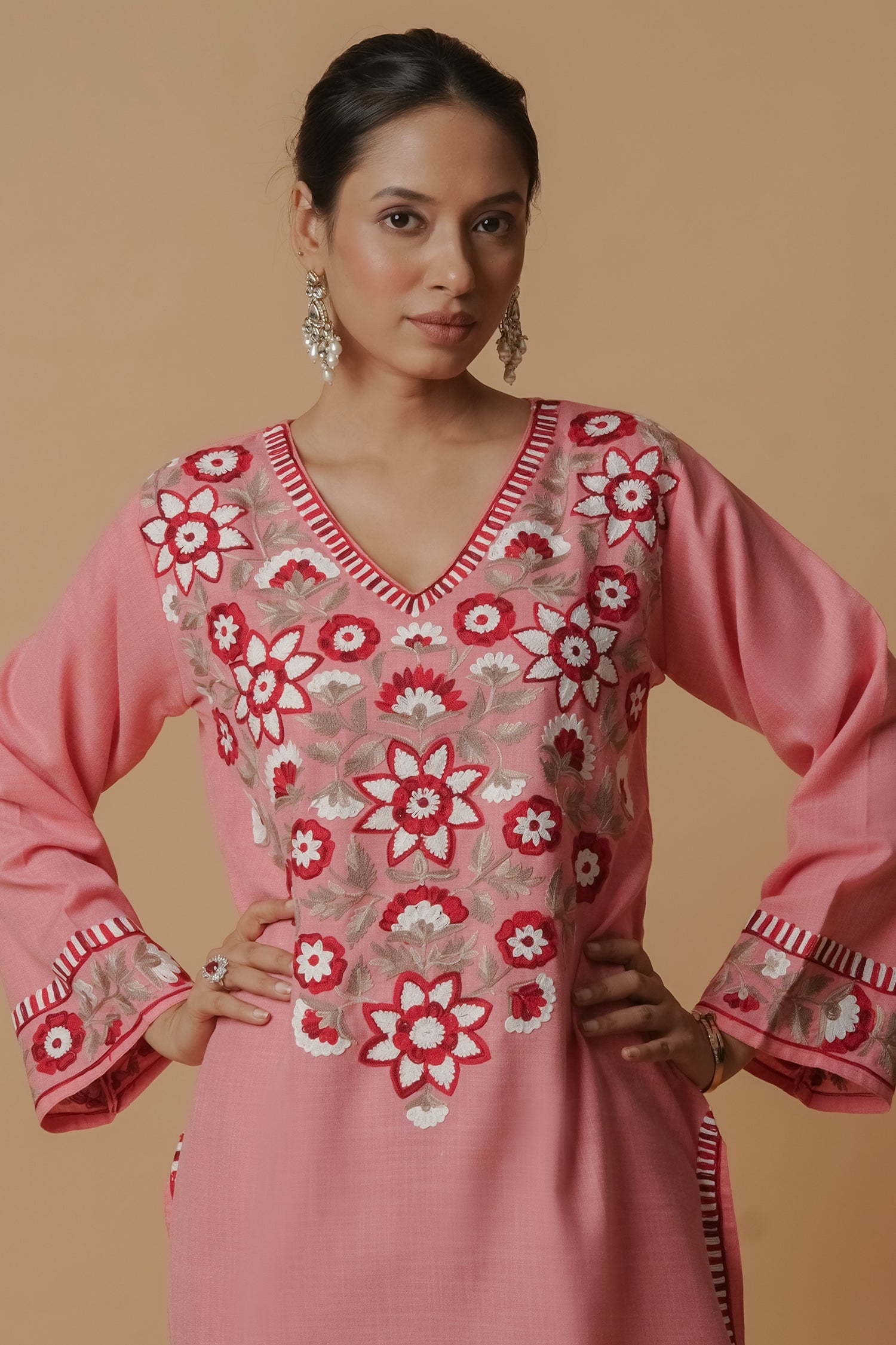 Kashmiri Aari Work Short Kurta - Pink