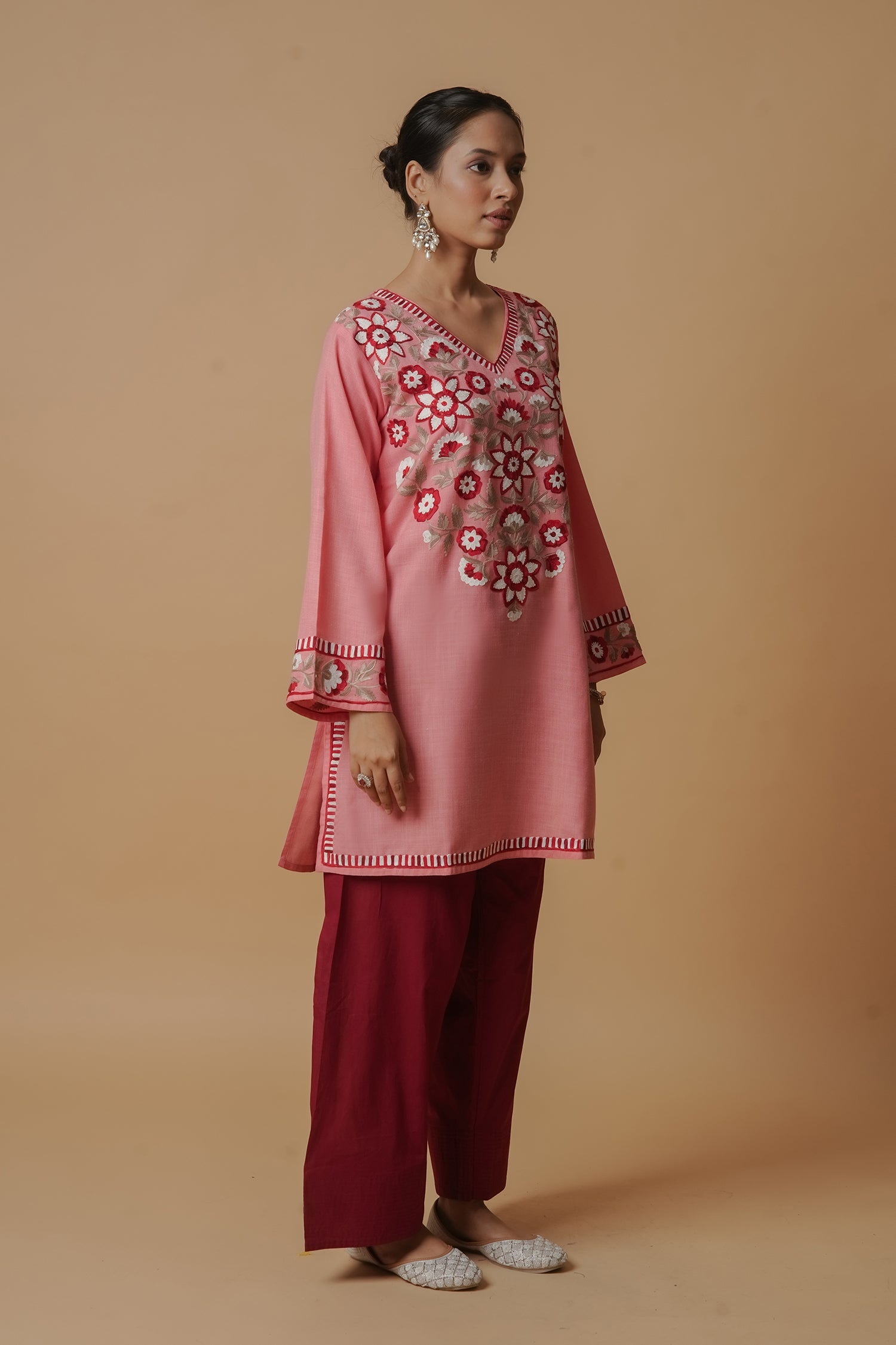 Kashmiri Aari Work Short Kurta - Pink
