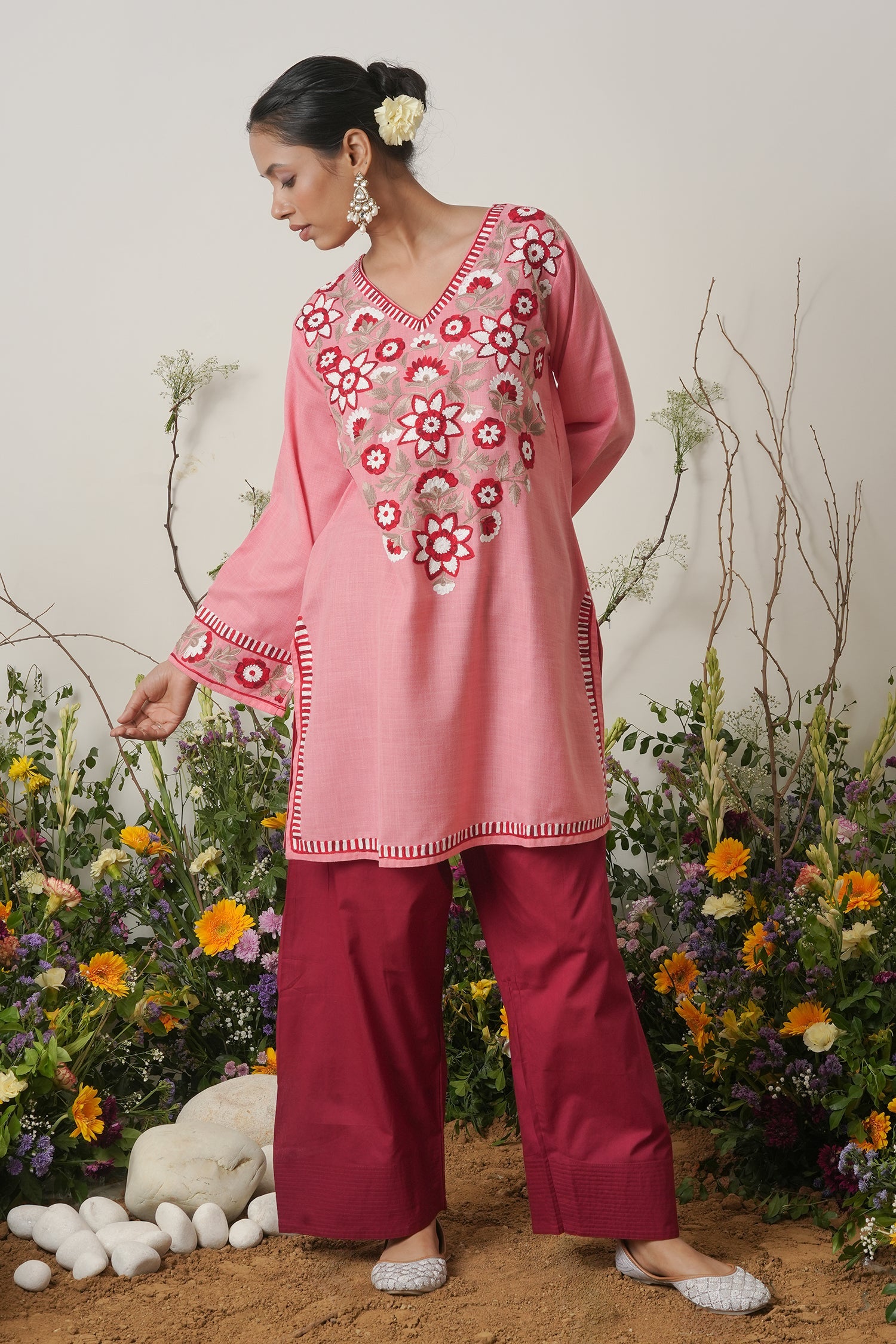Kashmiri Aari Work Short Kurta - Pink