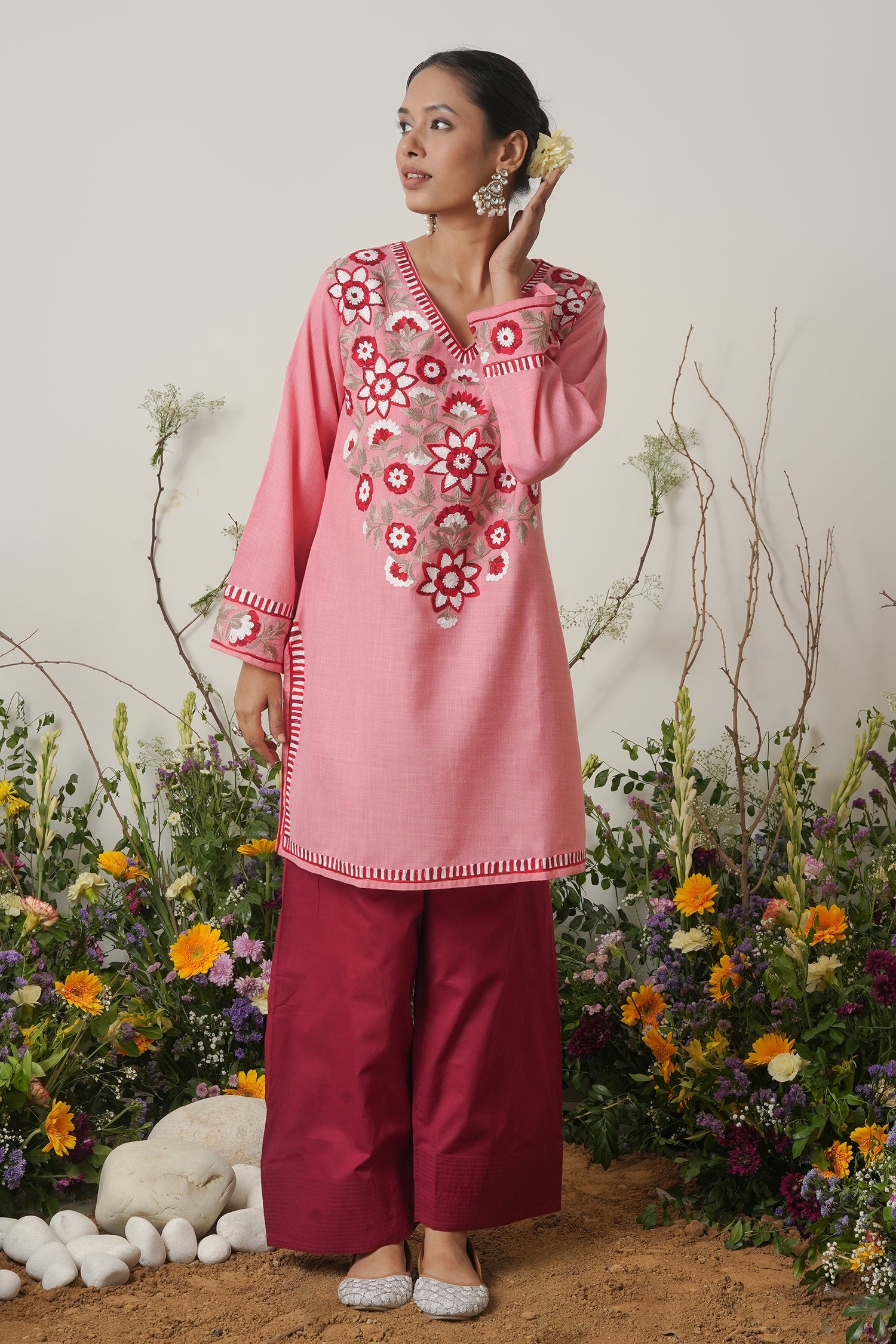 Kashmiri Aari Work Short Kurta - Pink