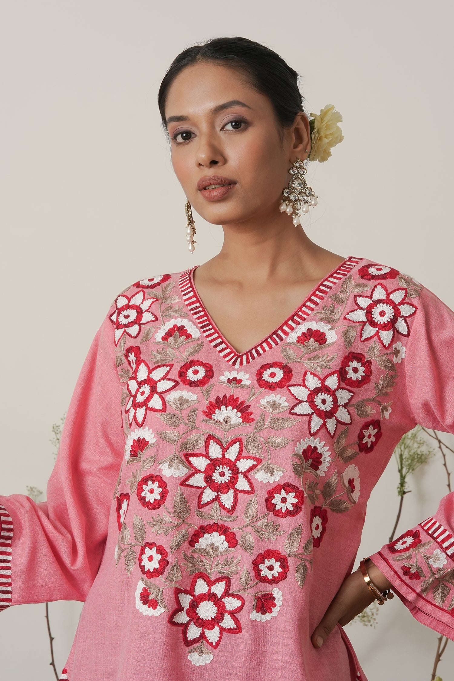 Kashmiri Aari Work Short Kurta - Pink