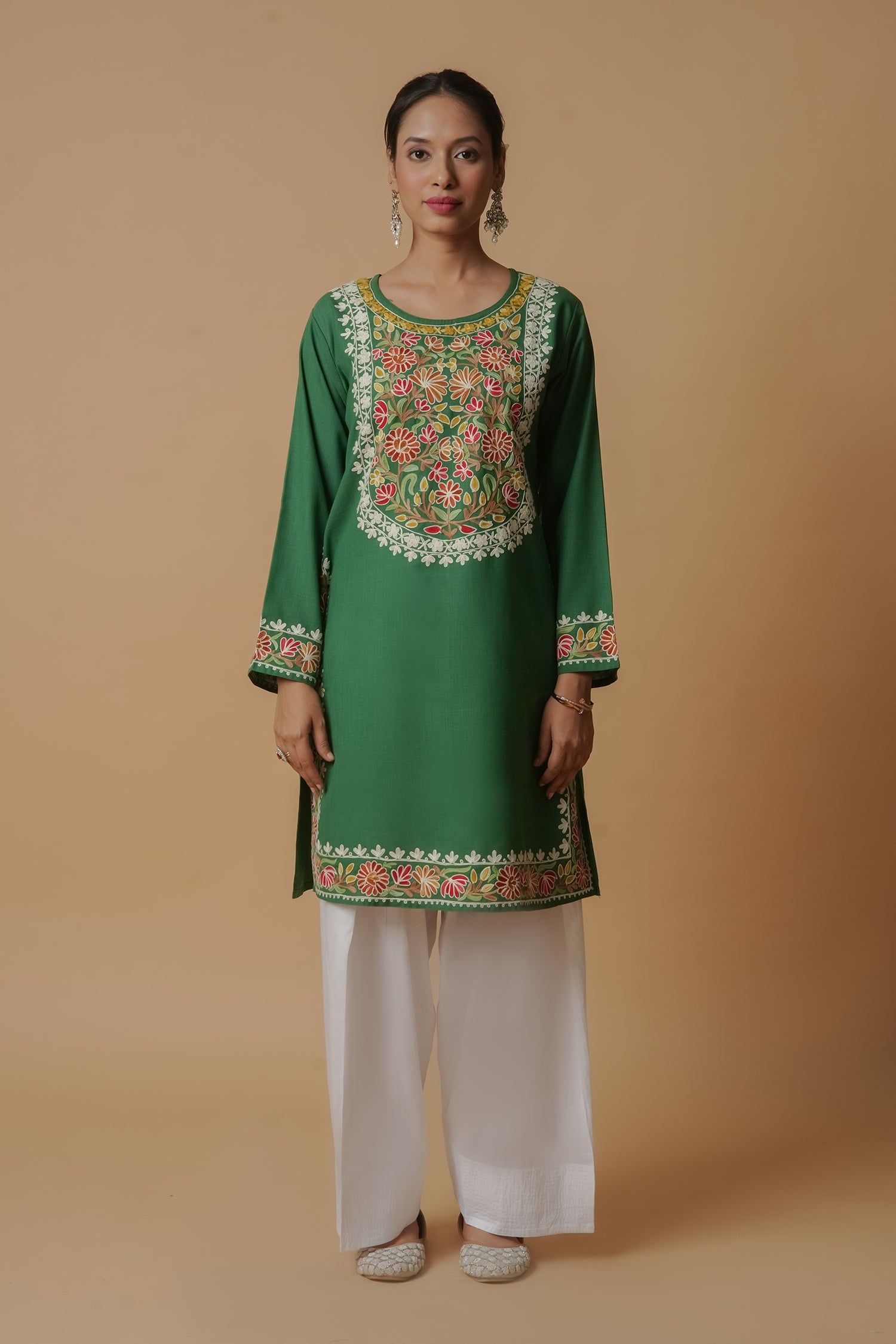 Kashmiri Aari Work Long Kurta - Green