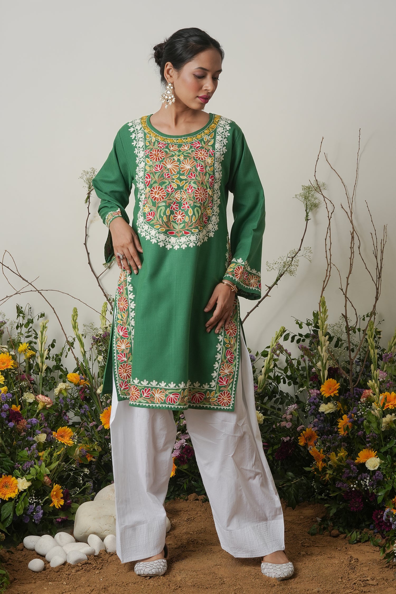 Kashmiri Aari Work Long Kurta - Green