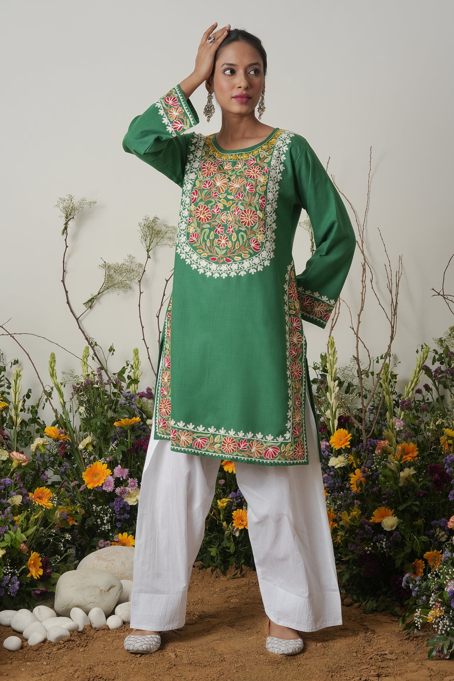 Kashmiri Aari Work Long Kurta - Green