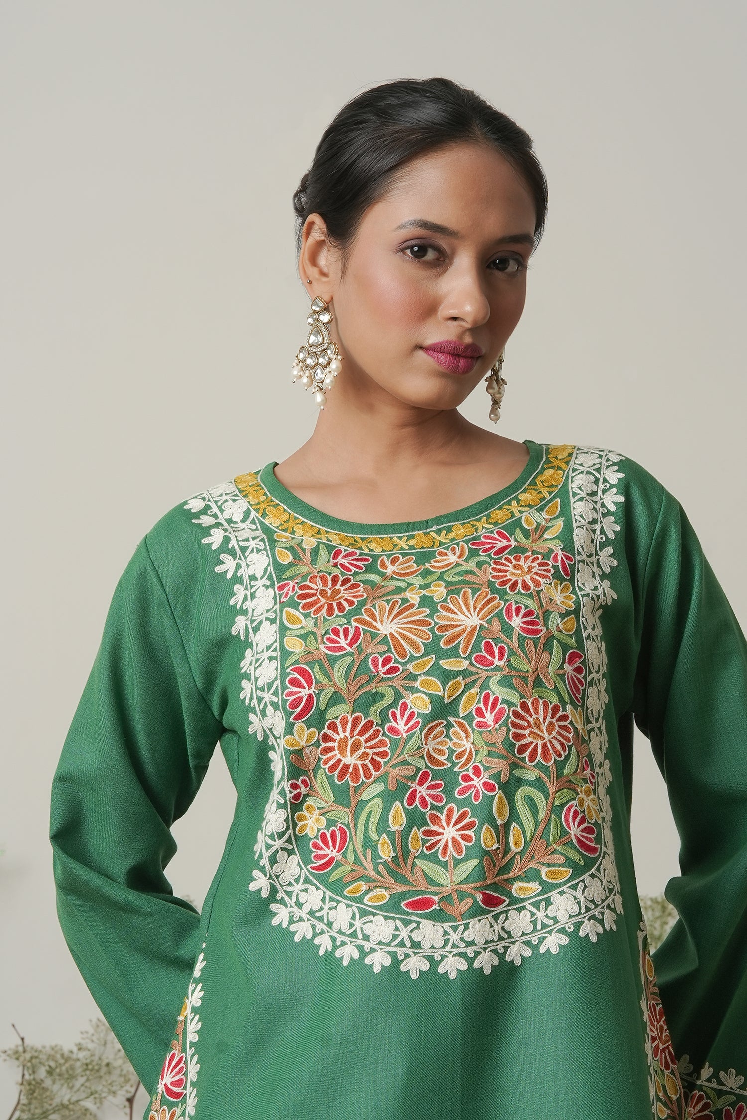 Kashmiri Aari Work Long Kurta - Green