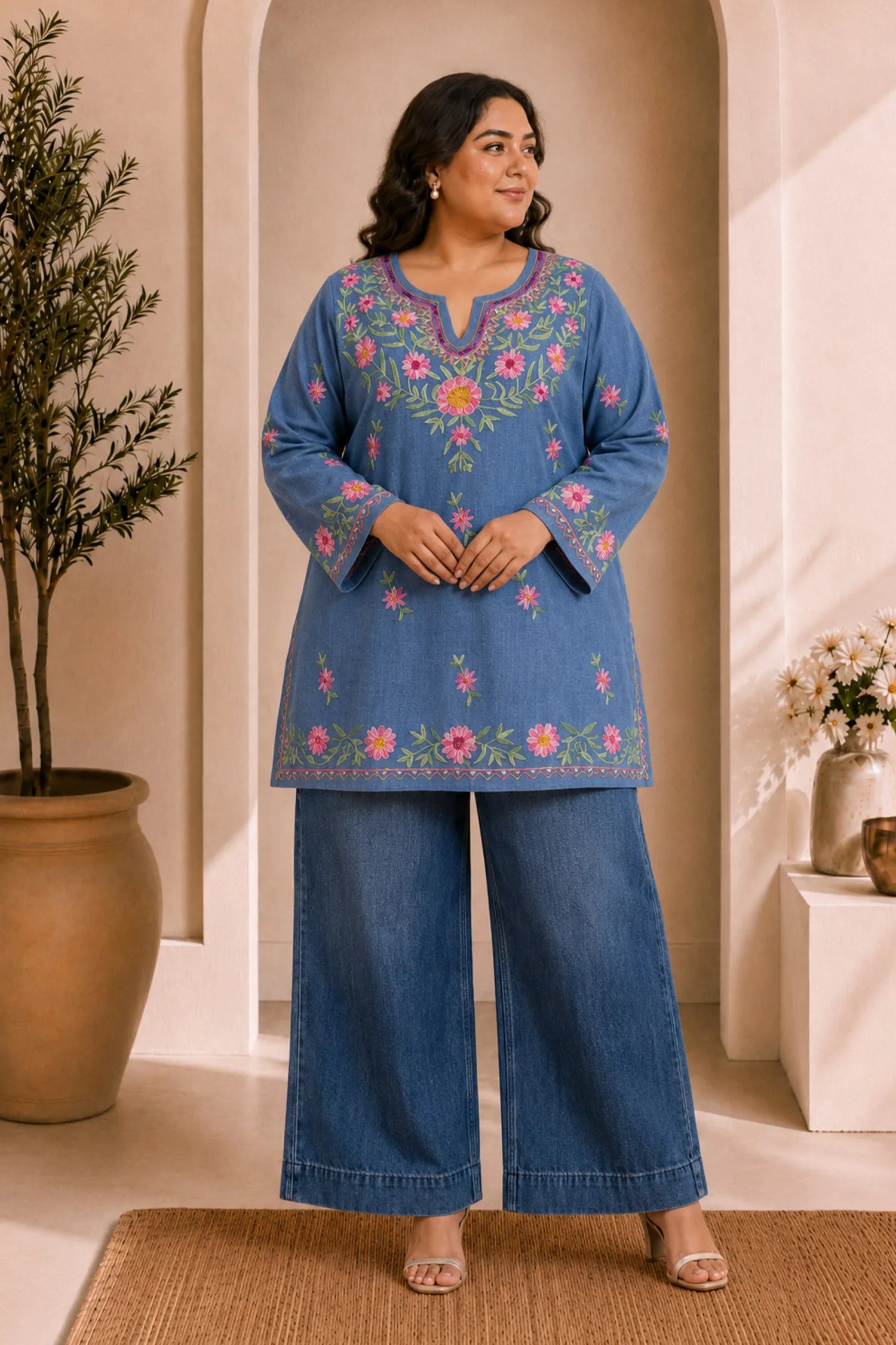 Plus Size - Denim Cotton Kashmiri Aari Short Kurta - Denim Blue