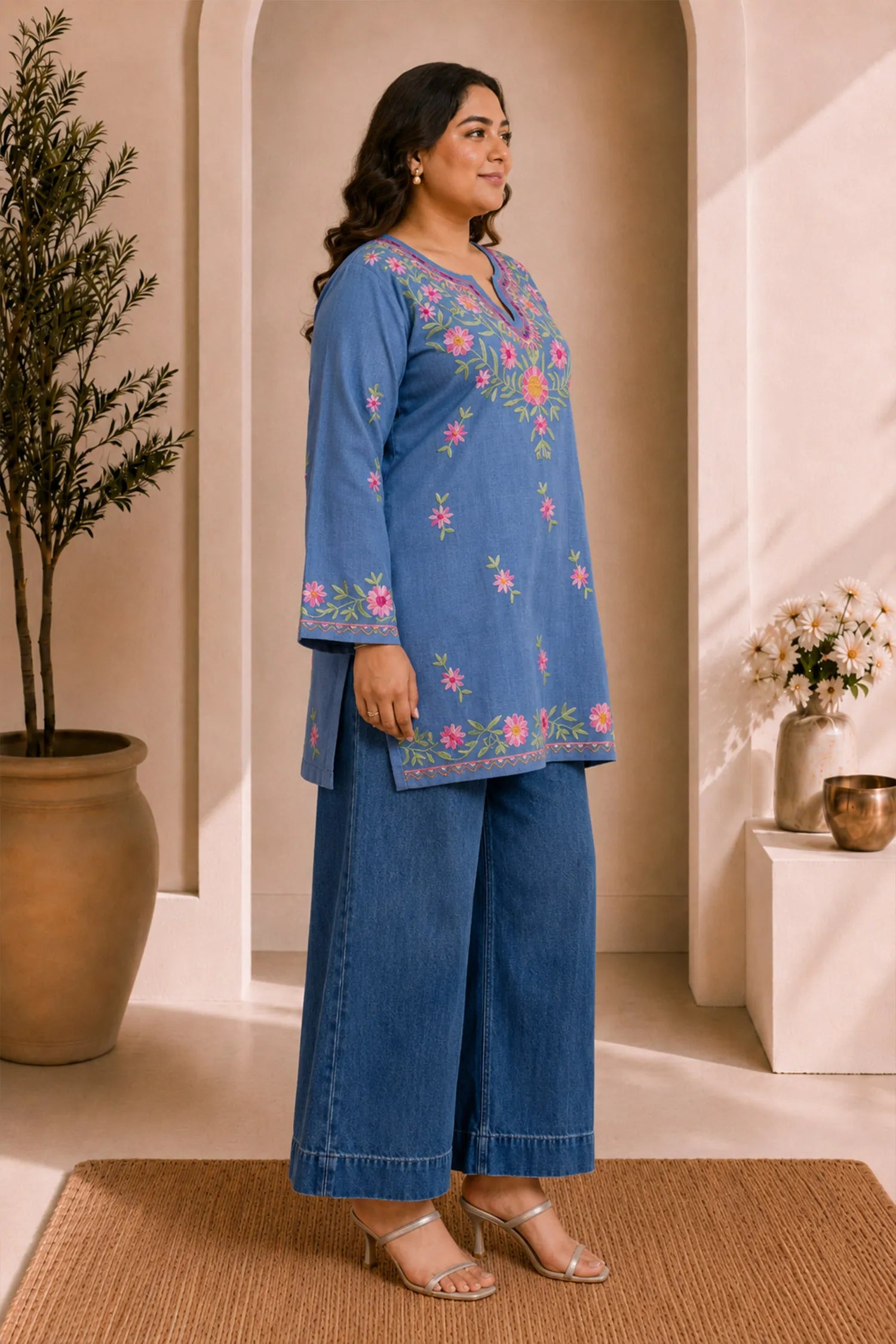 Plus Size - Denim Cotton Kashmiri Aari Short Kurta - Denim Blue