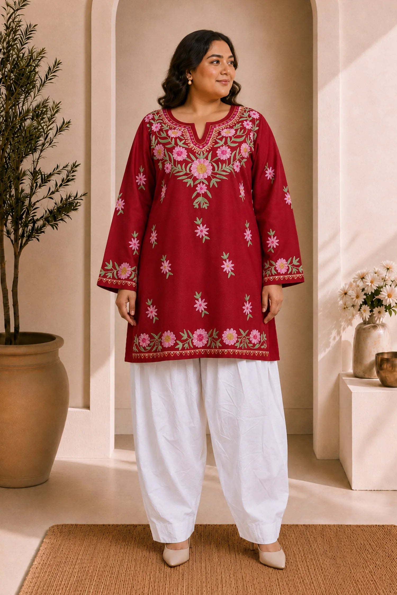 Plus Size - Cotton Kashmiri Aari Short Kurta - Maroon