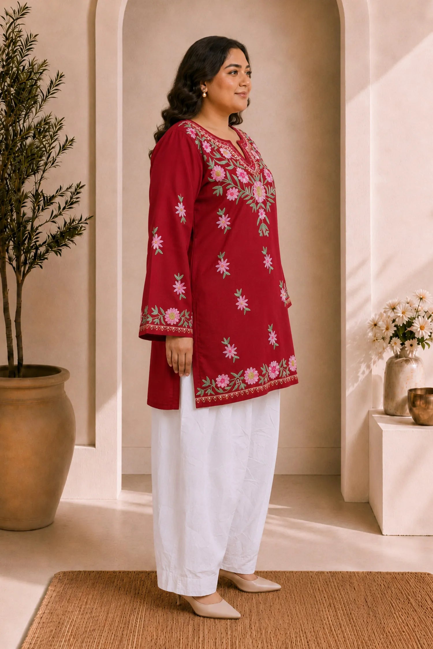 Plus Size - Cotton Kashmiri Aari Short Kurta - Maroon