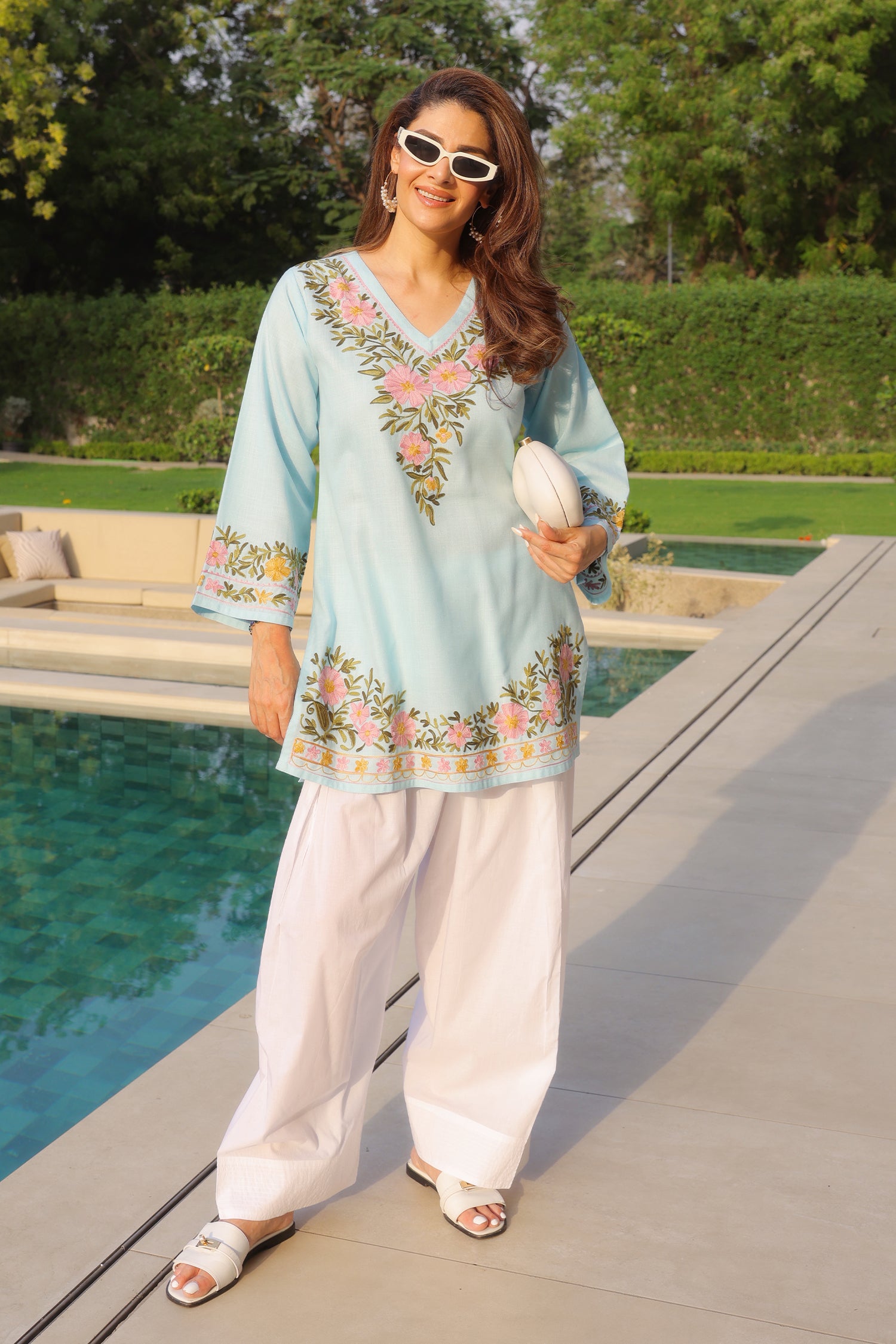 Priyanka x HOK in Cotton Kashmiri Aari Short Kurta - Light Blue