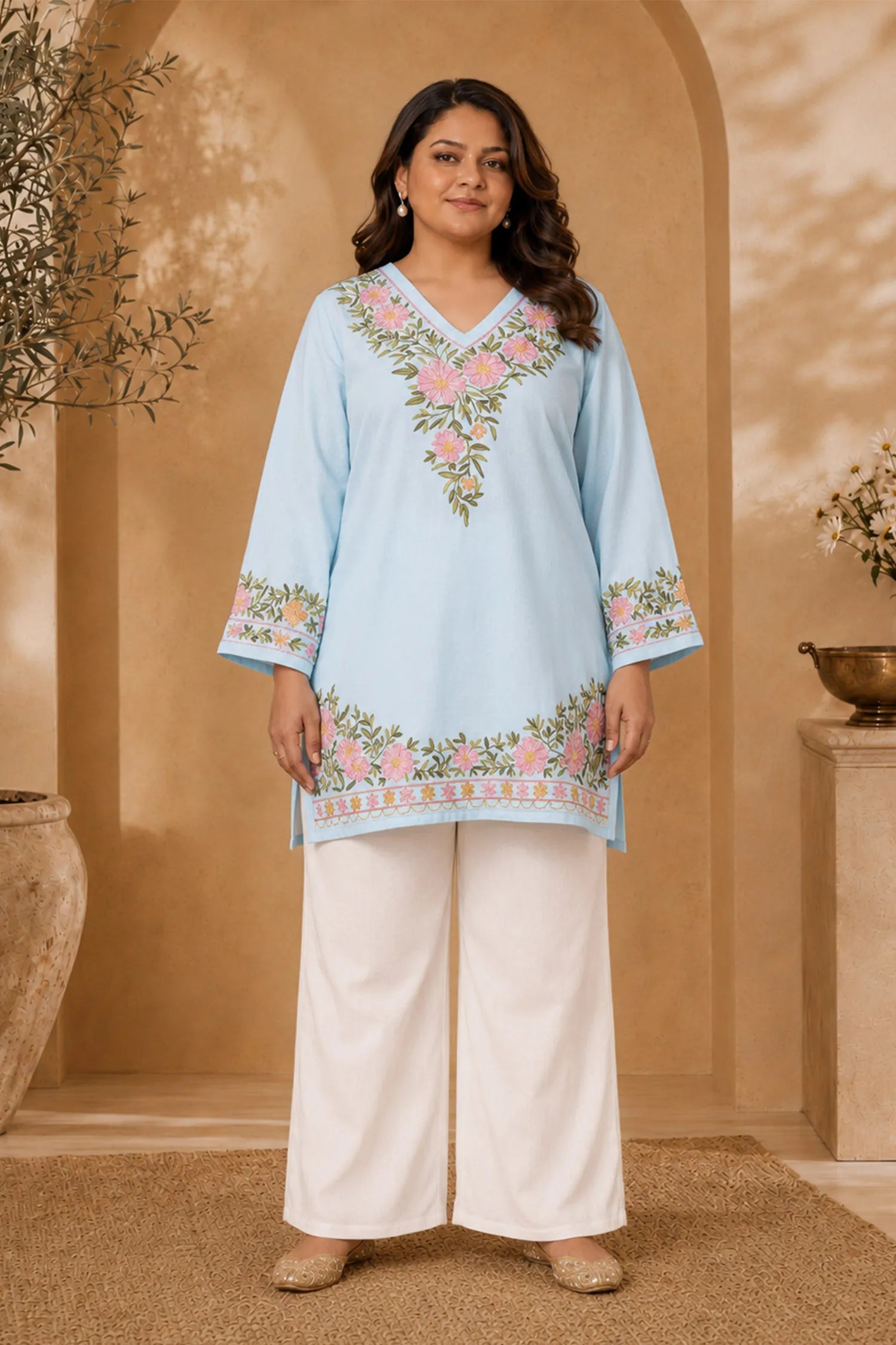 Plus Size - Cotton Kashmiri Aari Short Kurta - Light Blue