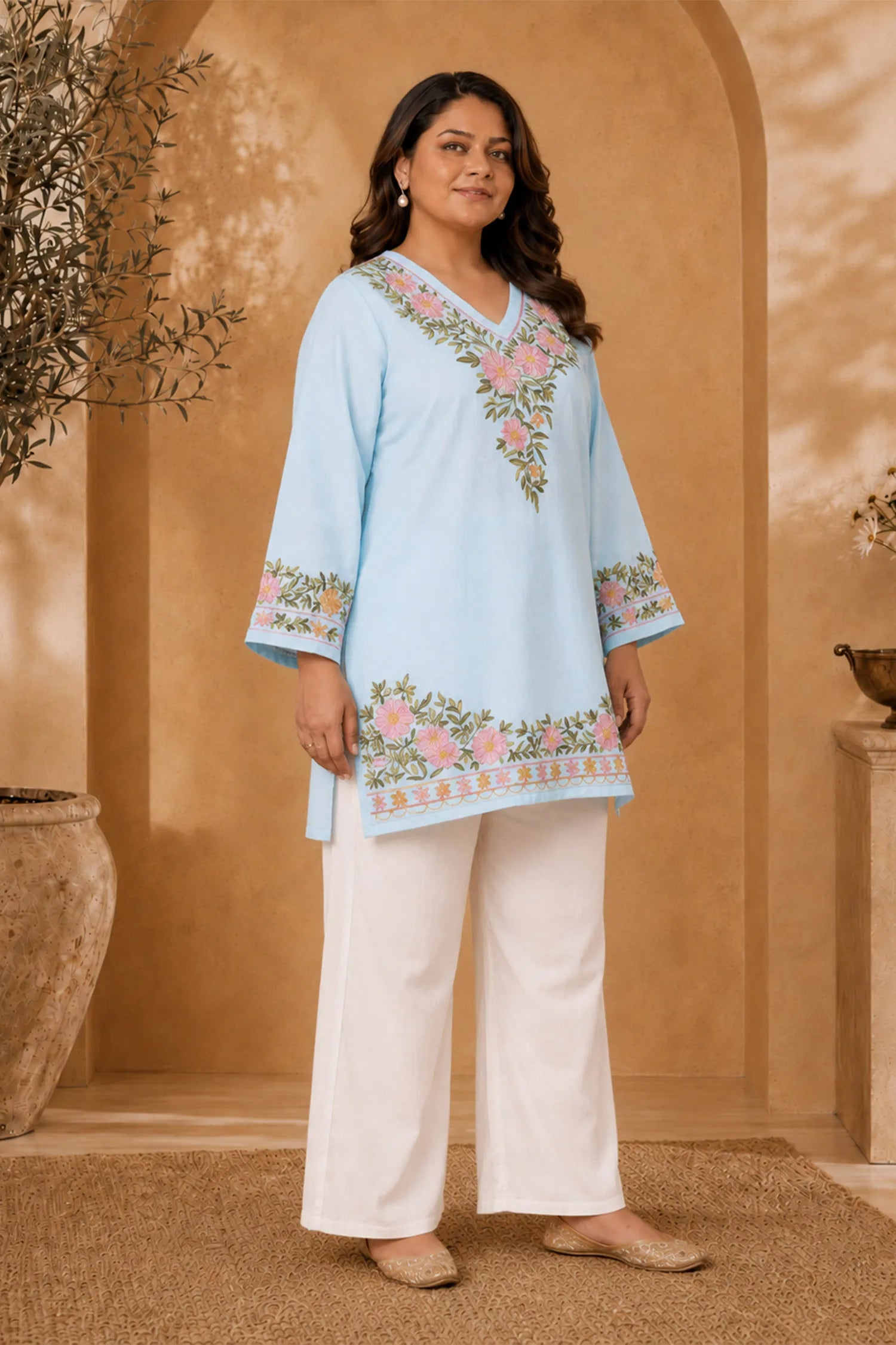 Plus Size - Cotton Kashmiri Aari Short Kurta - Light Blue