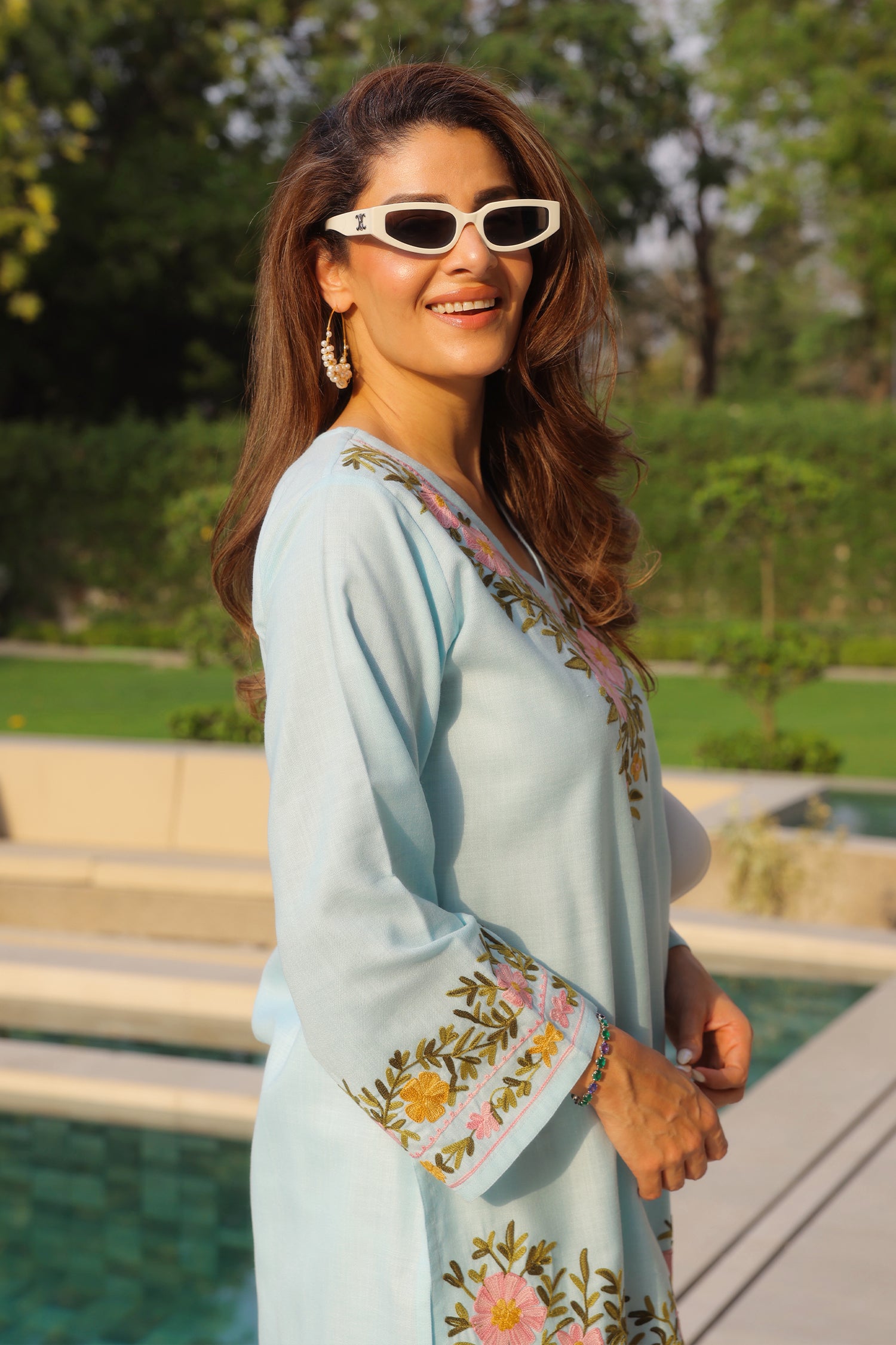 Priyanka x HOK in Cotton Kashmiri Aari Short Kurta - Light Blue