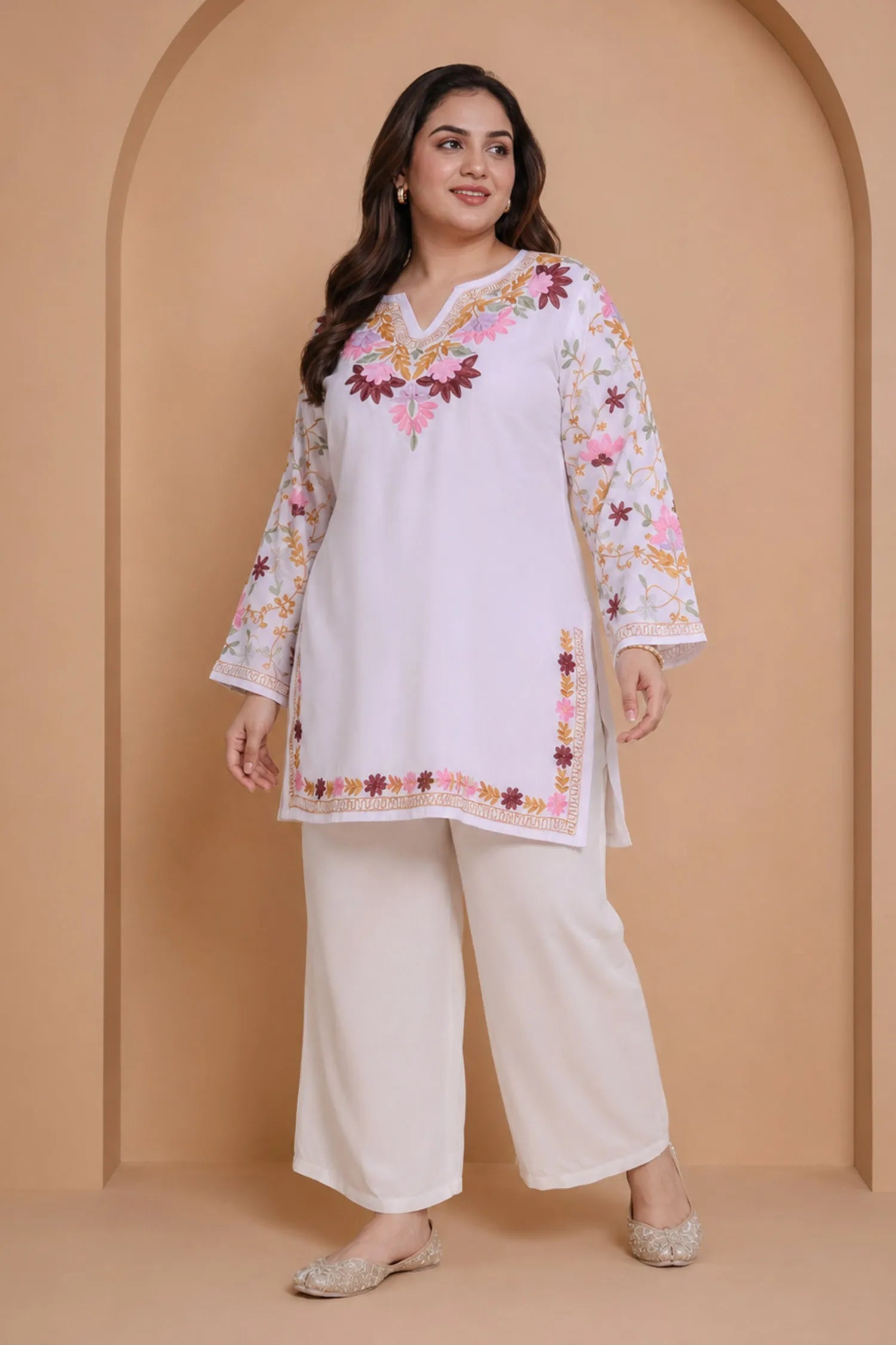 Plus Size - Falak Kashmiri Short Kurta - White