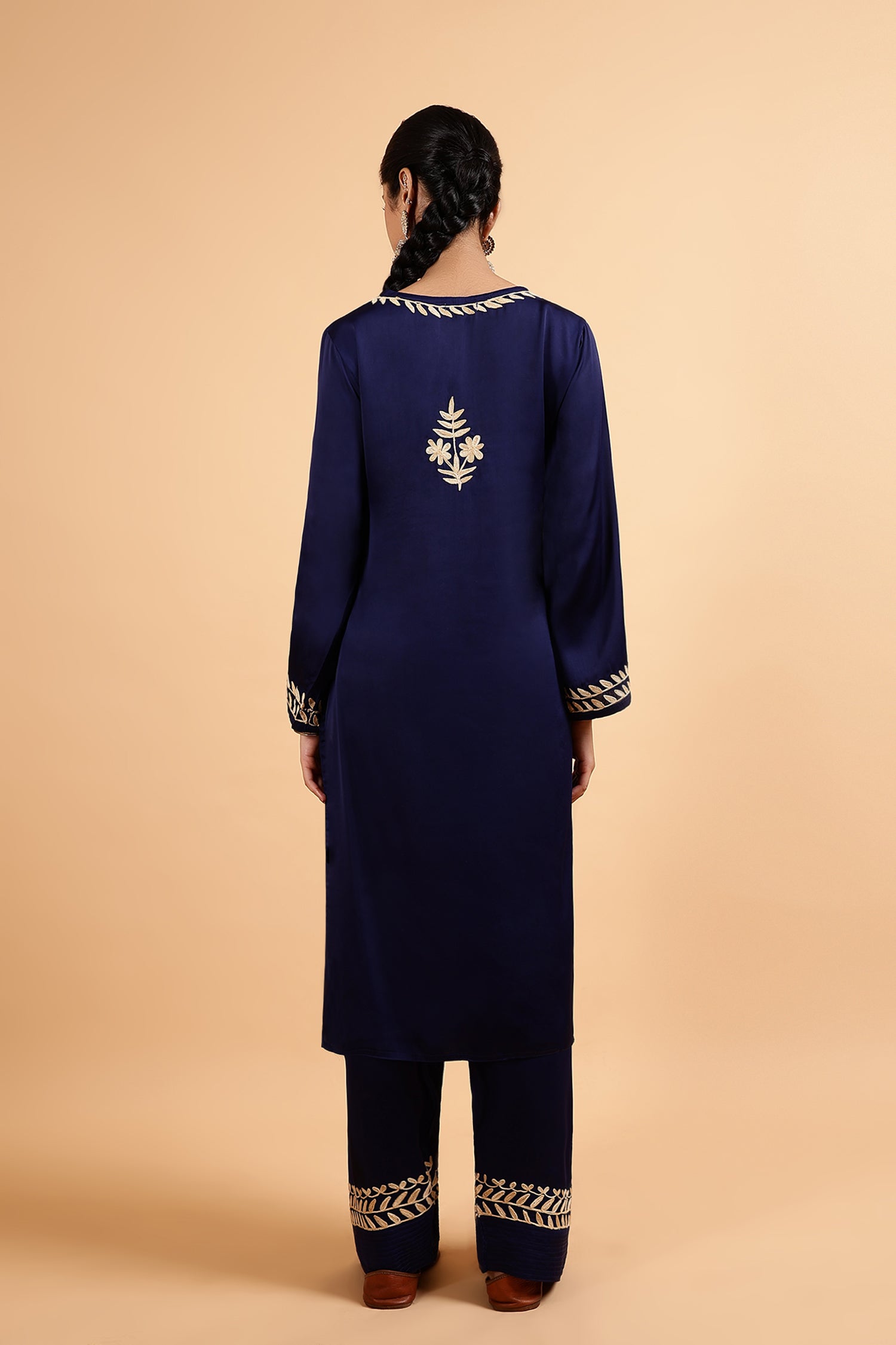 Kashmiri Aari Embroidered Kurta Set with Farsi Pants in Navy Blue Satin Silk