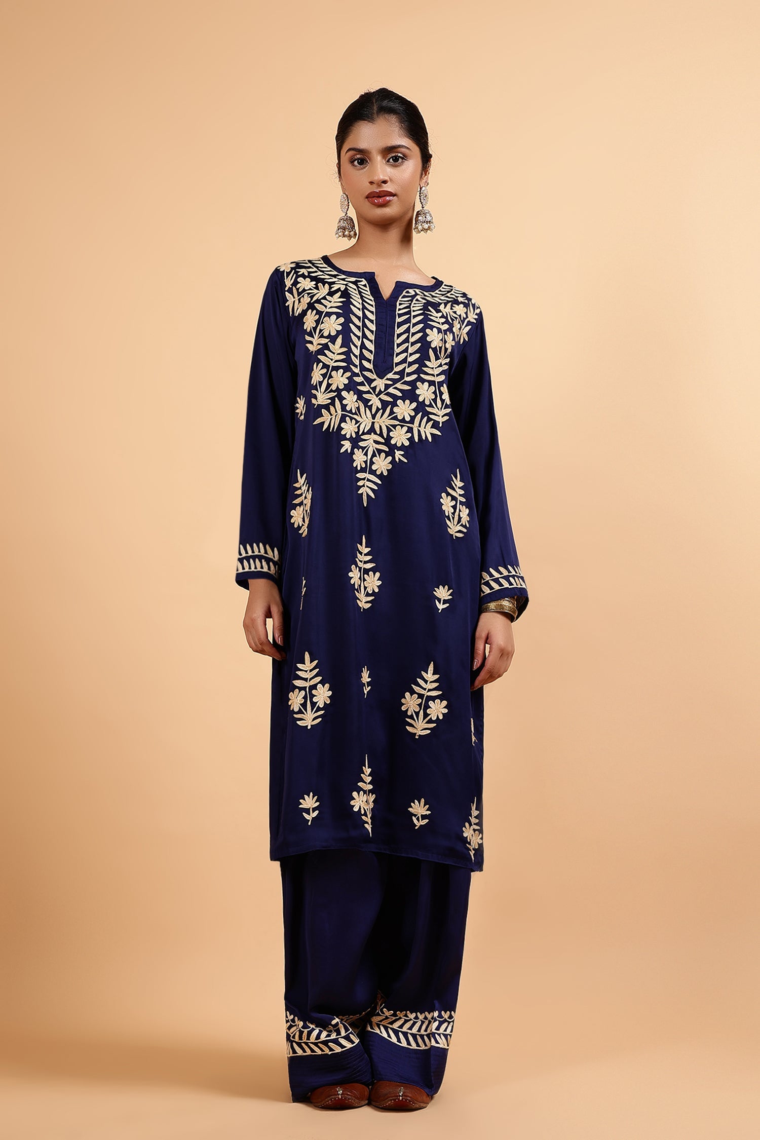 Kashmiri Aari Embroidered Kurta Set with Farsi Pants in Navy Blue Satin Silk