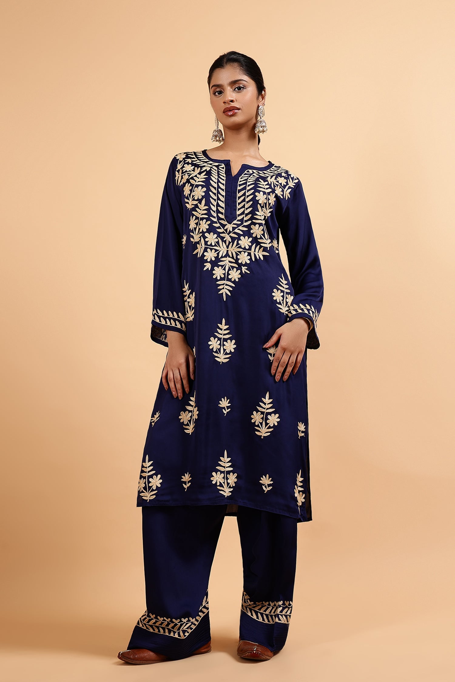 Kashmiri Aari Embroidered Kurta Set with Farsi Pants in Navy Blue Satin Silk