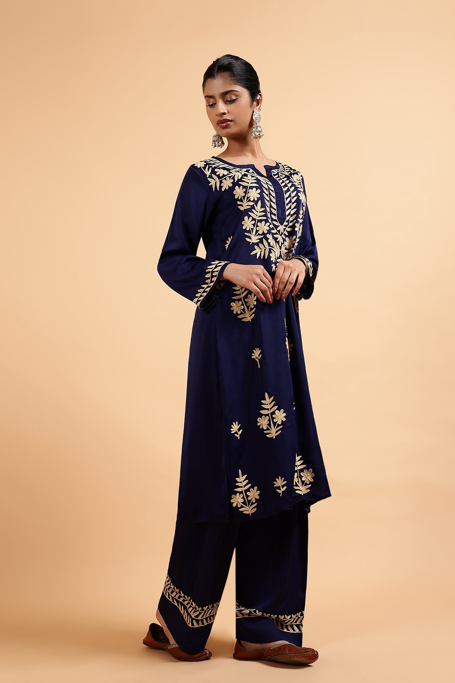 Kashmiri Aari Embroidered Kurta Set with Farsi Pants in Navy Blue Satin Silk