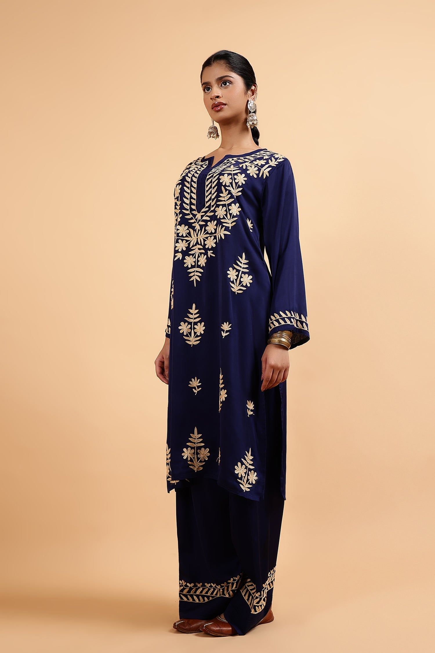 Kashmiri Aari Embroidered Kurta Set with Farsi Pants in Navy Blue Satin Silk