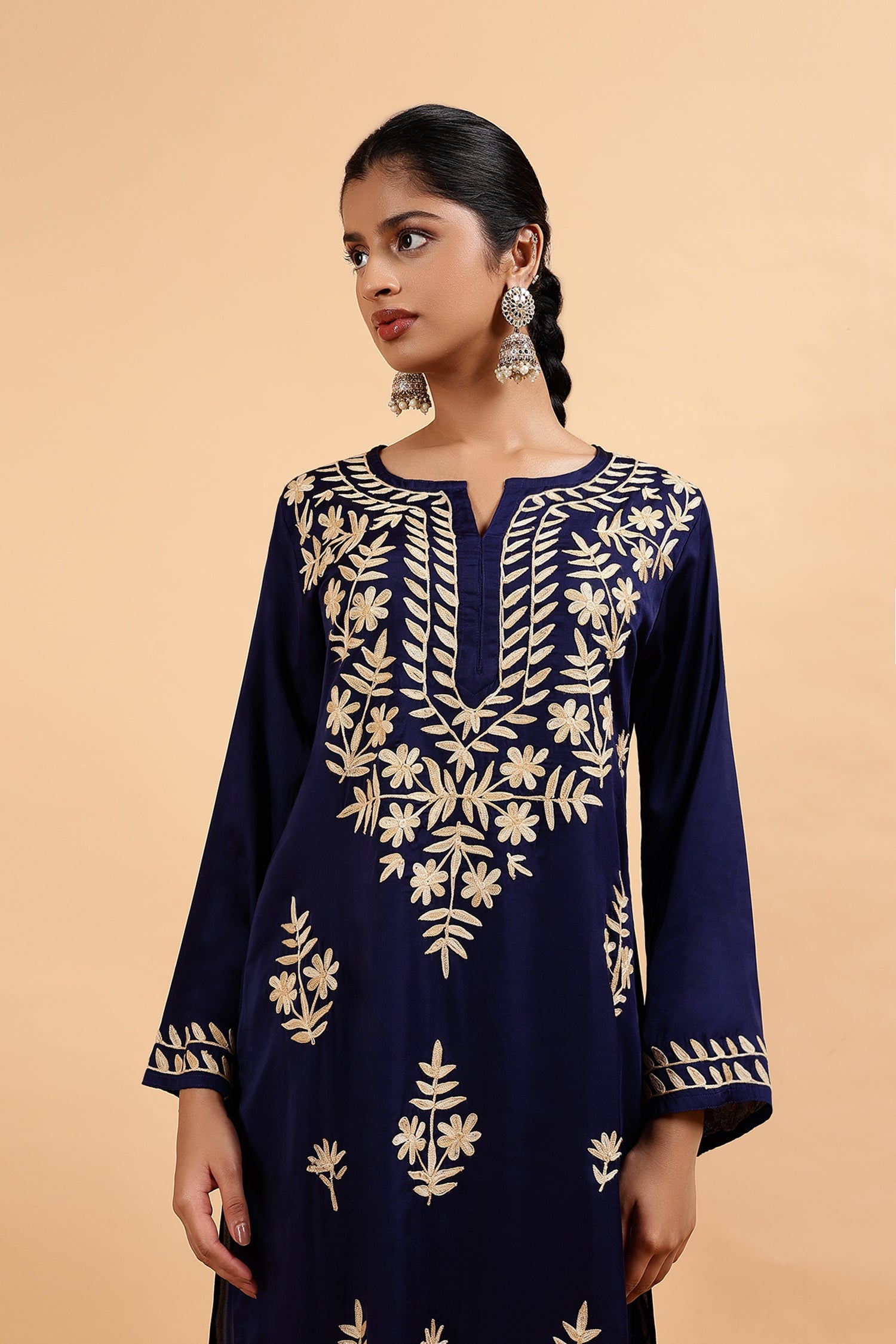 Kashmiri Aari Embroidered Kurta Set with Farsi Pants in Navy Blue Satin Silk